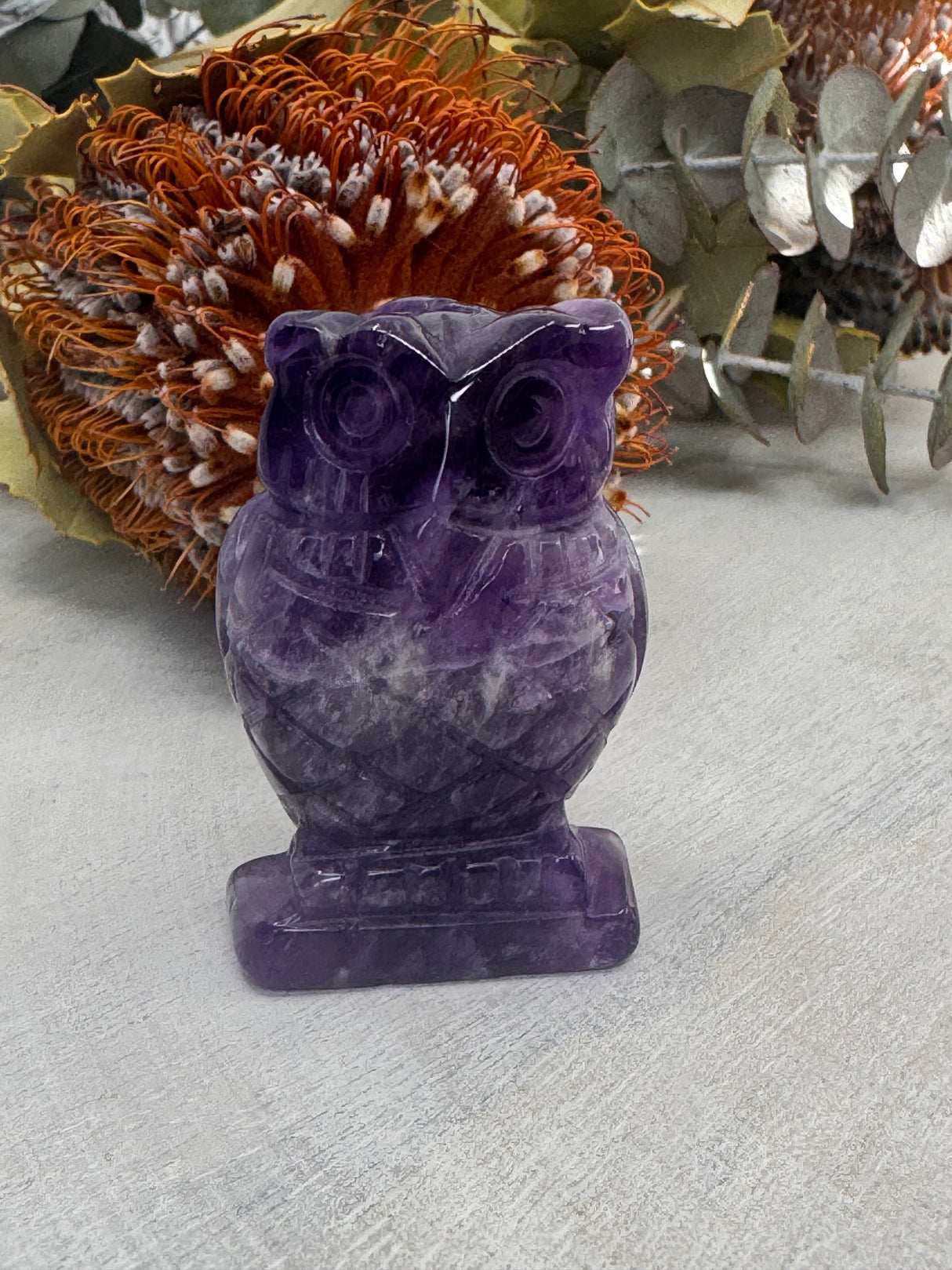 Chevron Amethyst Owl Carving 5 cm × 3.5 cm – purple and white banded crystal owl symbolising peace, intuition and spiritual wisdom, Inspired By 3 Australia.