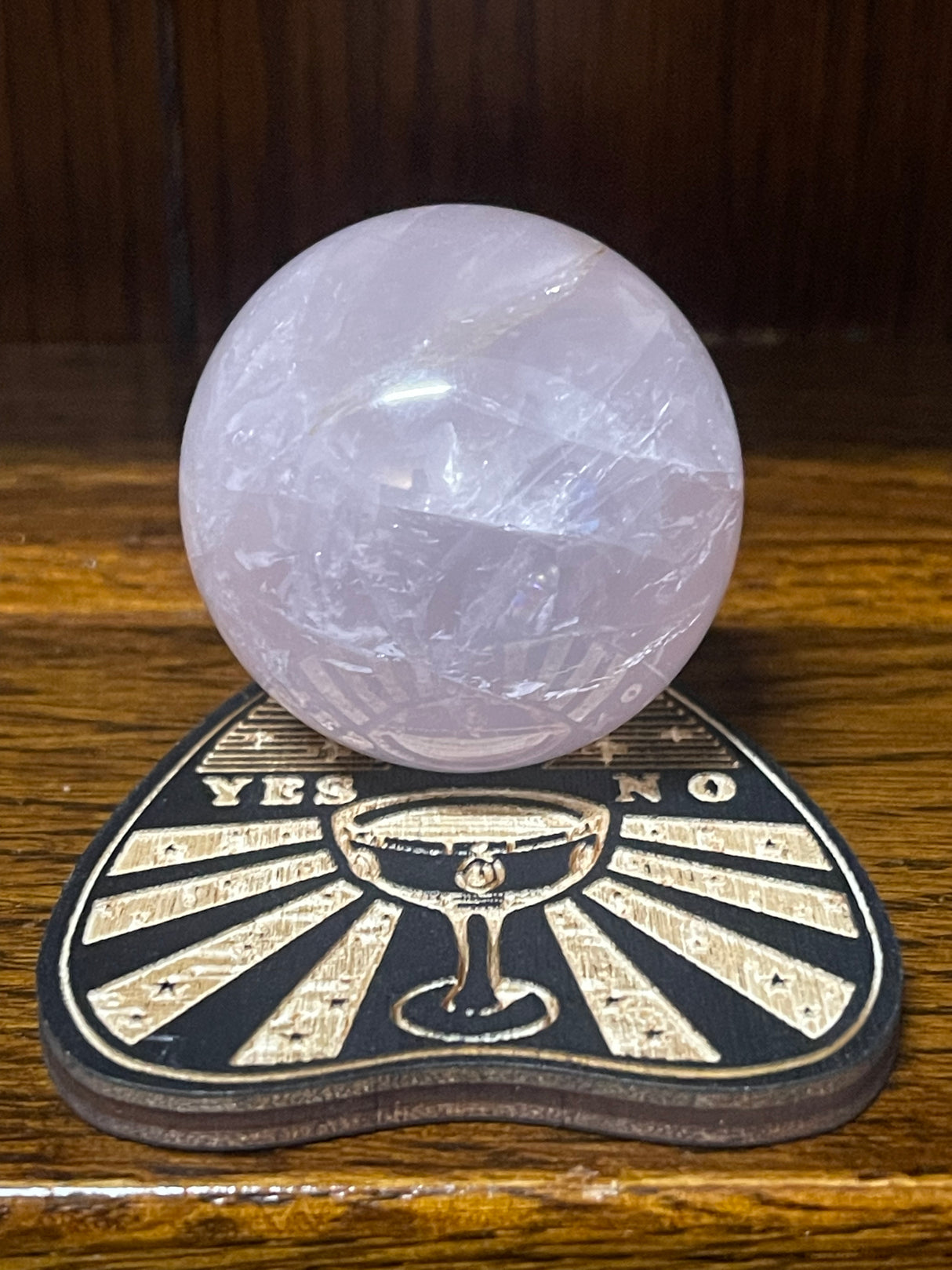 Rose Quartz Sphere on Planchette Stand - “I radiate love, beauty, confidence and grace”.