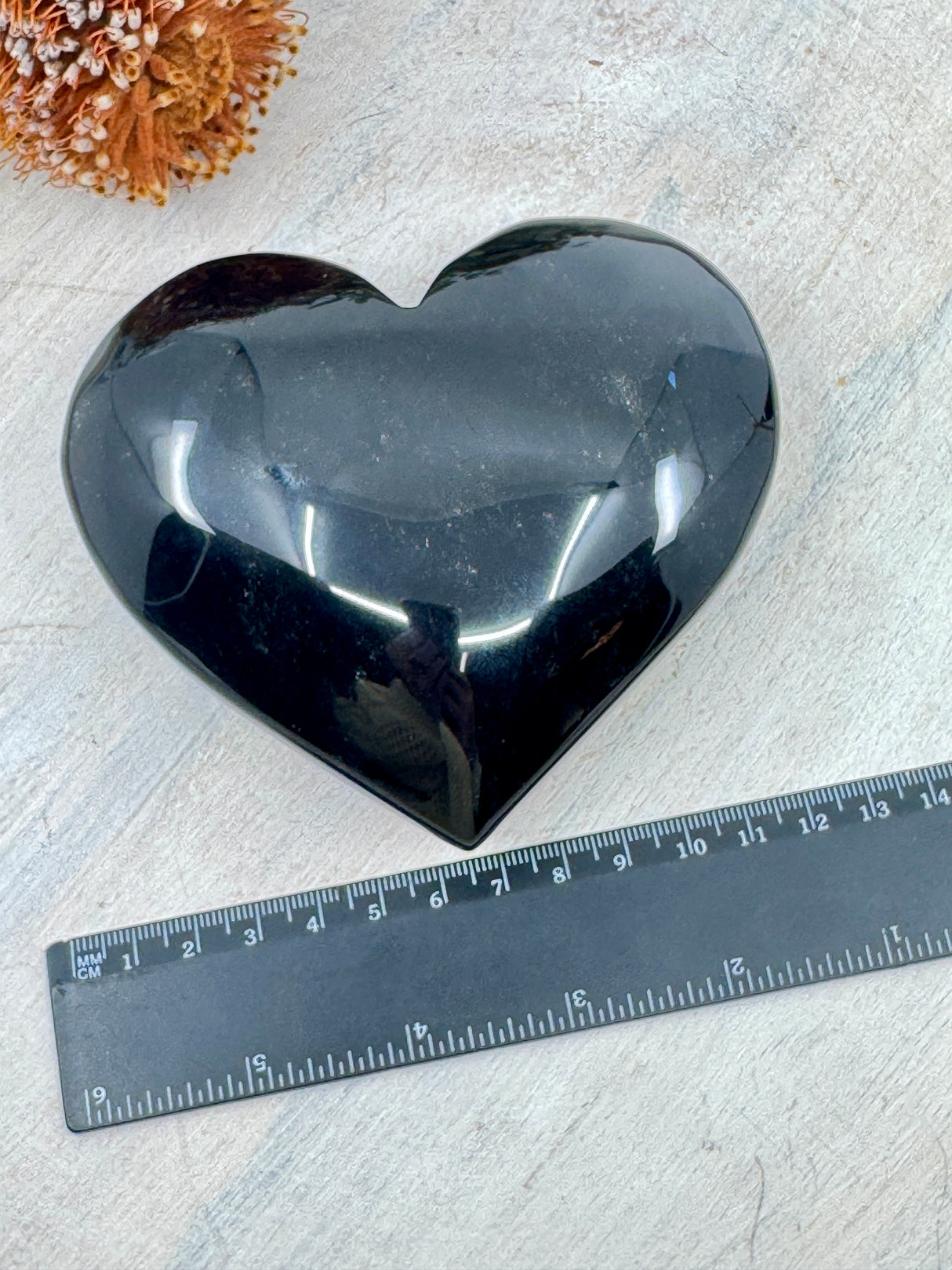 Black Obsidian Heart on Gold Stand 550g (12x10cm) – Stone of Strength, Grounding & Protection