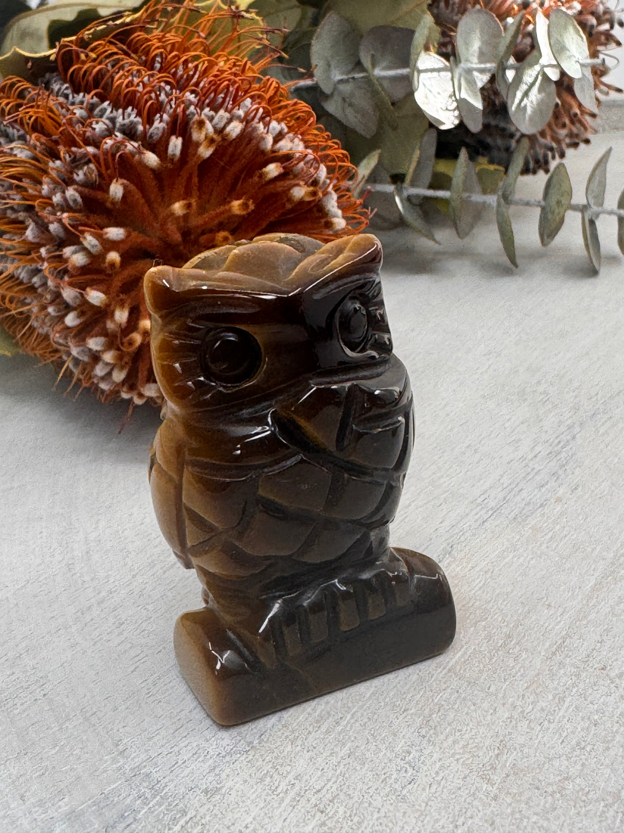 Tiger Eye Owl Carving 5 cm × 3.5 cm – golden-brown crystal owl symbolising courage, wisdom and protection, Inspired By 3 Australia.