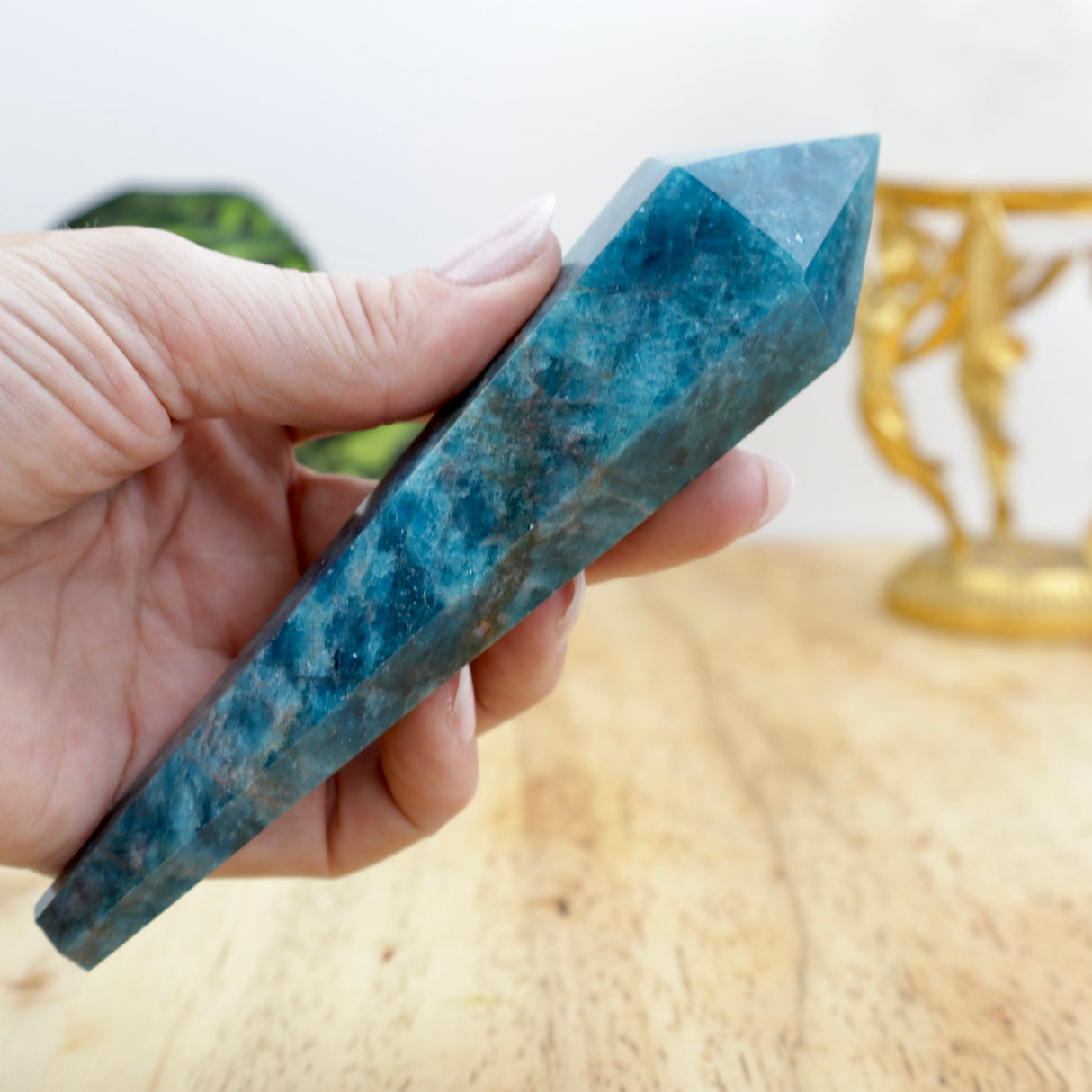 Blue Apatite Manifestation Wand on Gold Stand (186g)