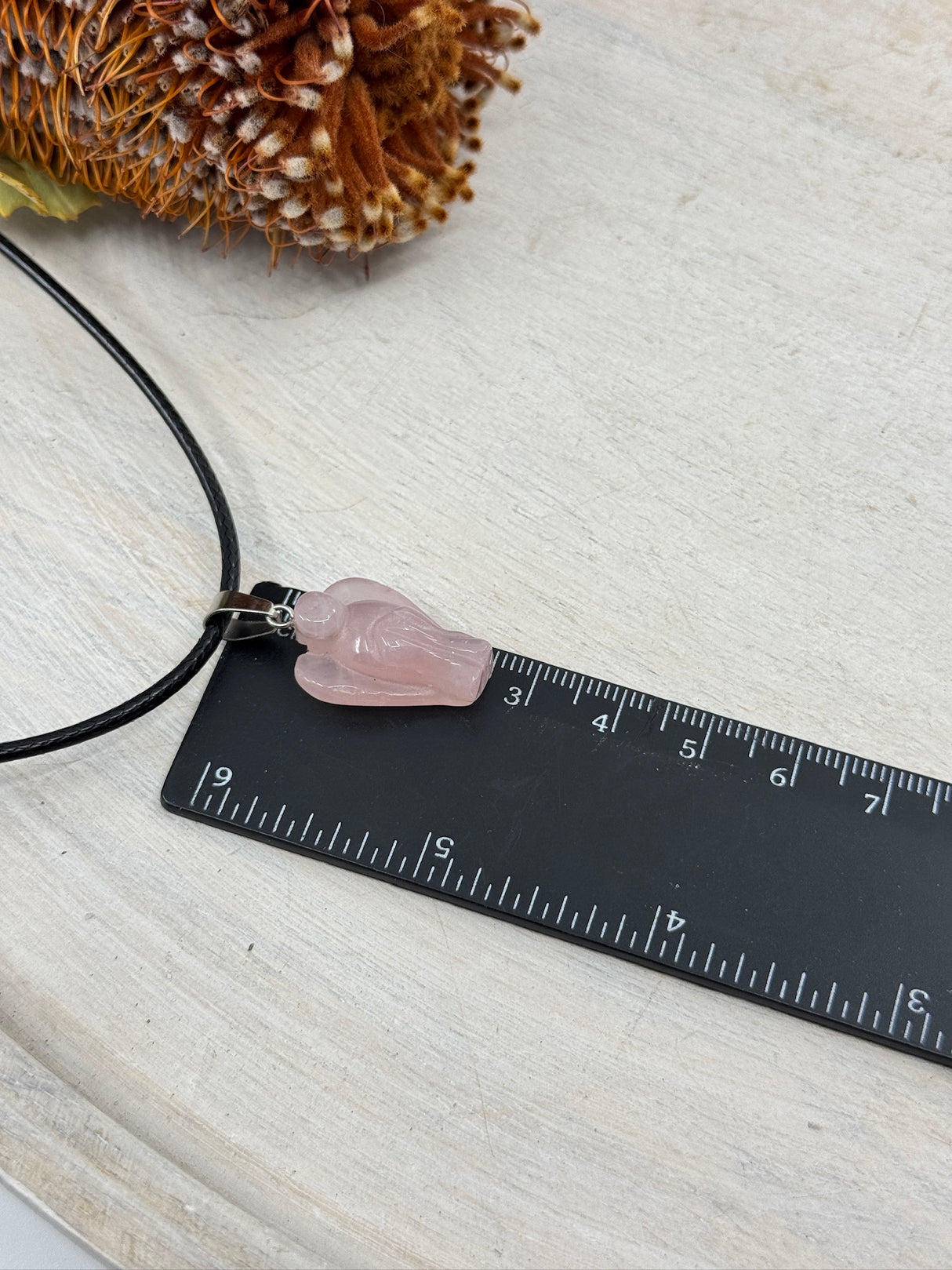 Rose Quartz angel pendant 24x15x7mm stainless steel finding – pink crystal carving for love, comfort and divine healing – Inspired By 3 Crystals Australia.