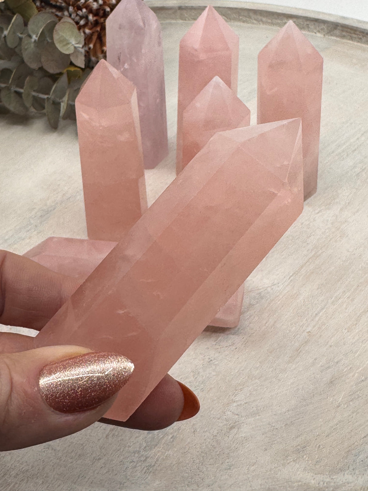 Rose Quartz 6-Sided Points 7.4–9 cm × 2.5–3 cm – soft pink crystal towers symbolising love, harmony and emotional healing, intuitively selected by Inspired By 3 Australia.