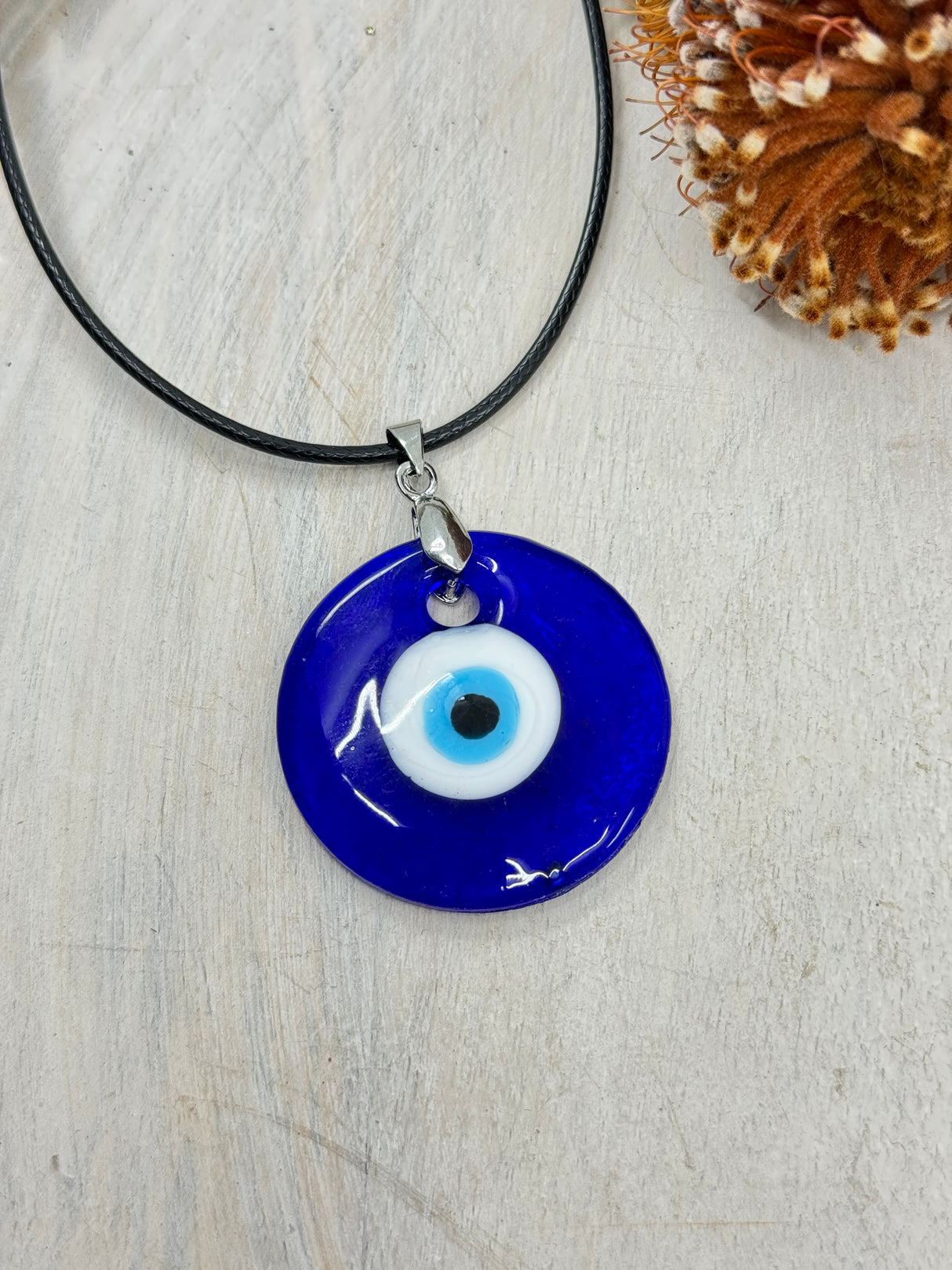 Handmade Evil Eye lampwork pendant 40x7mm platinum tone – glass protection amulet for luck, energy shielding and clarity – Inspired By 3 Crystals Australia.
