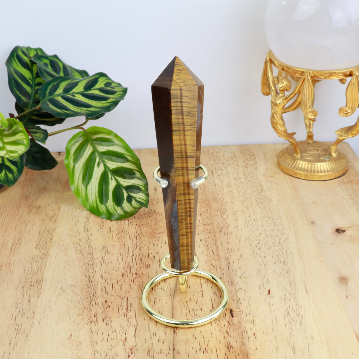 Tiger Eye Wand on Gold Stand – Courage & Protection