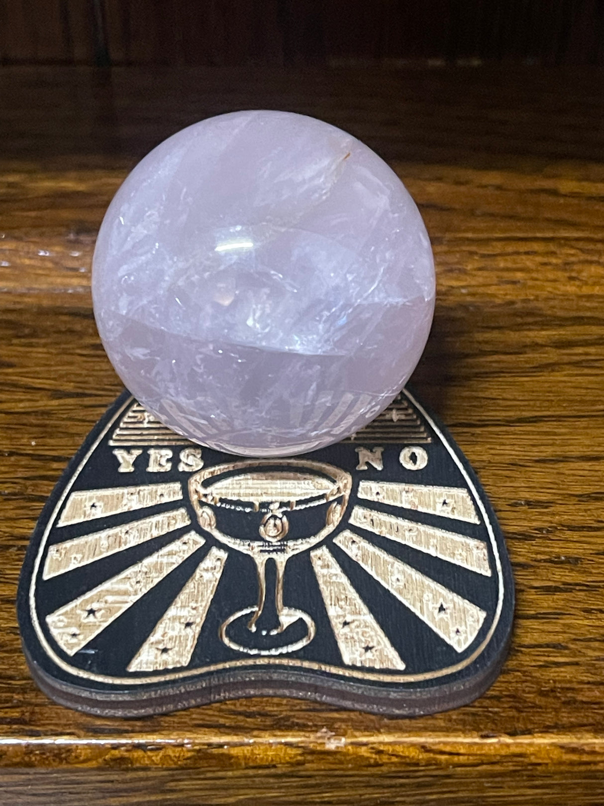 Rose Quartz Sphere on Planchette Stand - “I radiate love, beauty, confidence and grace”.