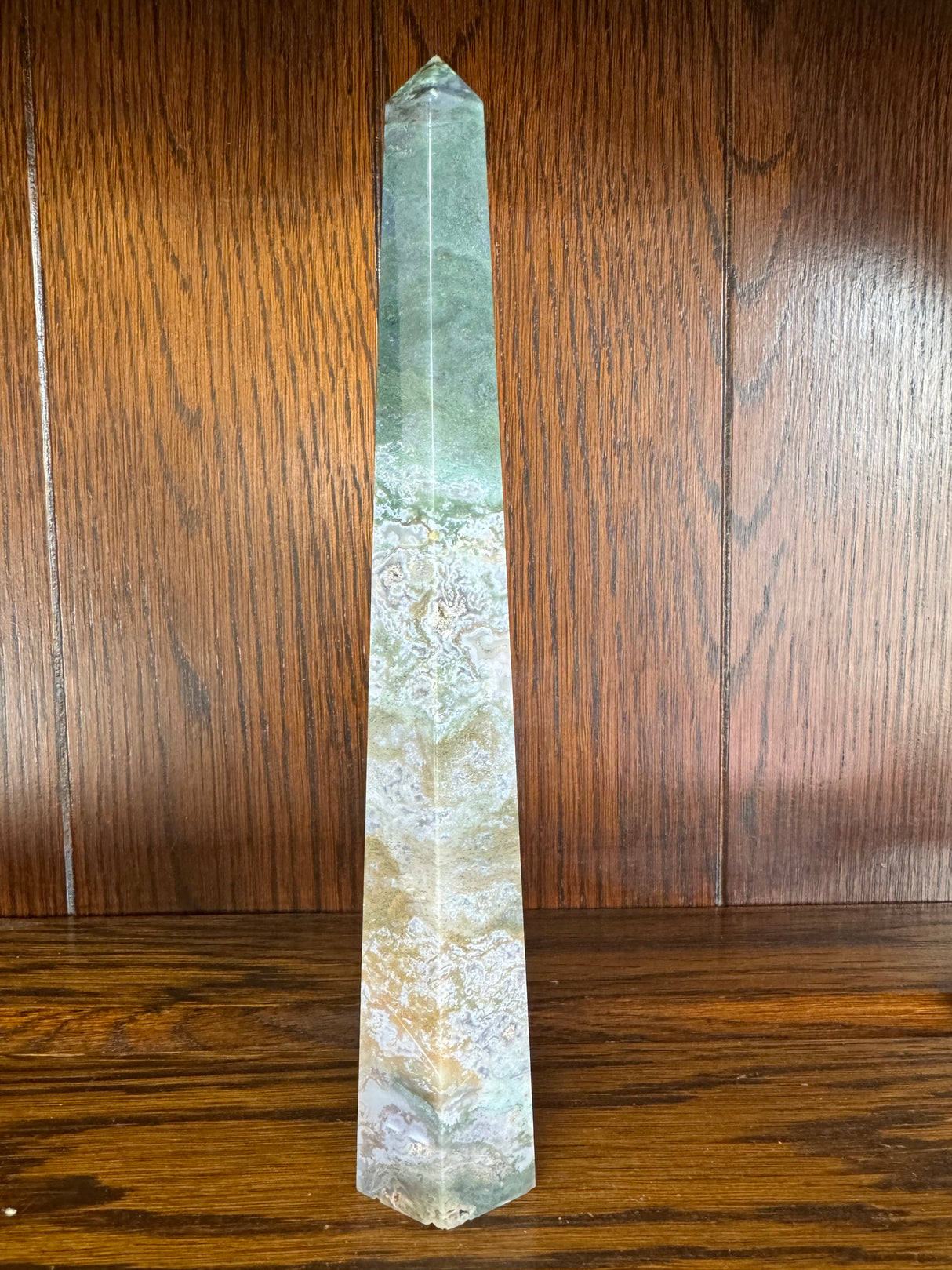 Agate Moss Tower 22cm 388g -“ I draw upon the energy of Mother Earth to heal”.