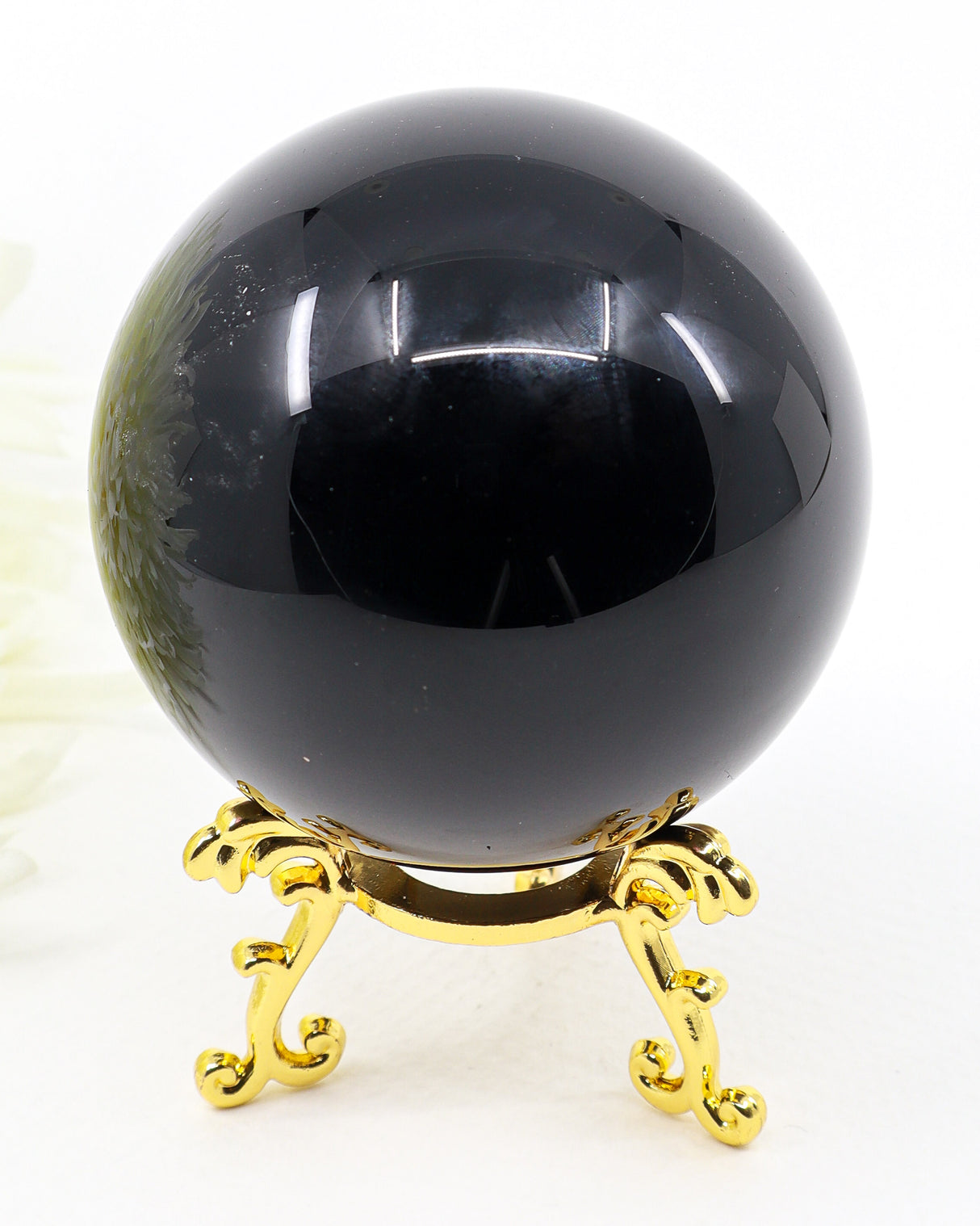 391g Black Obsidian Sphere with mirror polished finish for grounding, protection, meditation and energy cleansing.