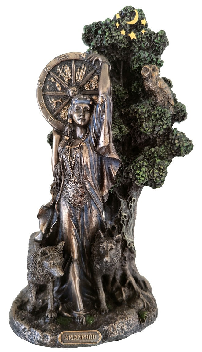 "Arianrhod bronze statue – Celtic Goddess of the Moon, Fate and Rebirth, symbol of intuition, renewal and divine feminine wisdom"