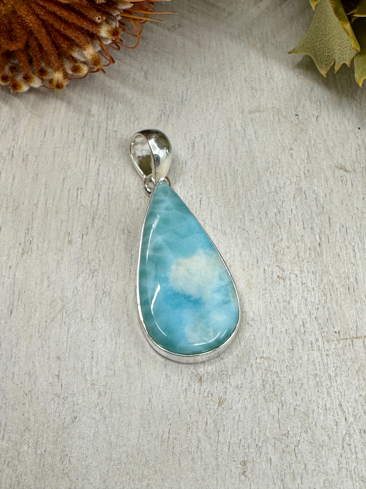Larimar pendant #2 7.56g 4.5x1.8cm set in .925 silver – blue crystal necklace with chain, gift box and card – Inspired By 3 Crystals Australia.