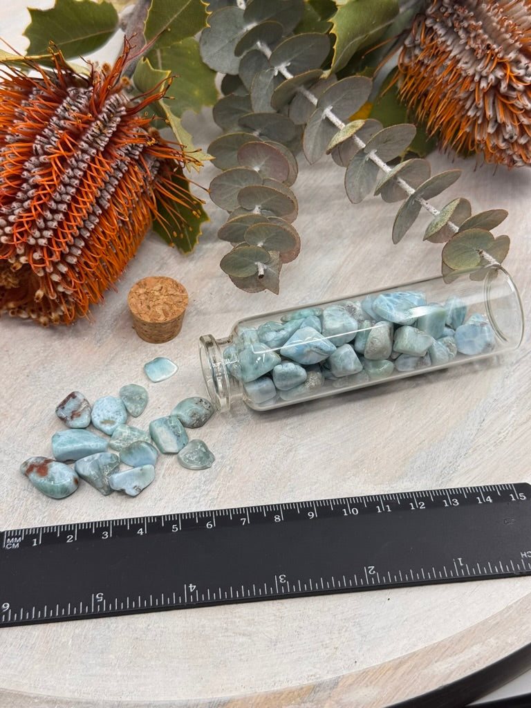 Larimar Crystal Chips in Glass Bottle – Stone of Serenity, Communication & Divine Feminine Energy