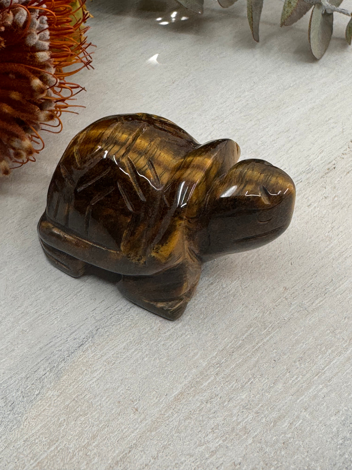 Tiger Eye Turtle Carving 5 cm × 3.5 cm – golden-brown crystal turtle symbolising courage, strength and grounding, Inspired By 3 Australia.