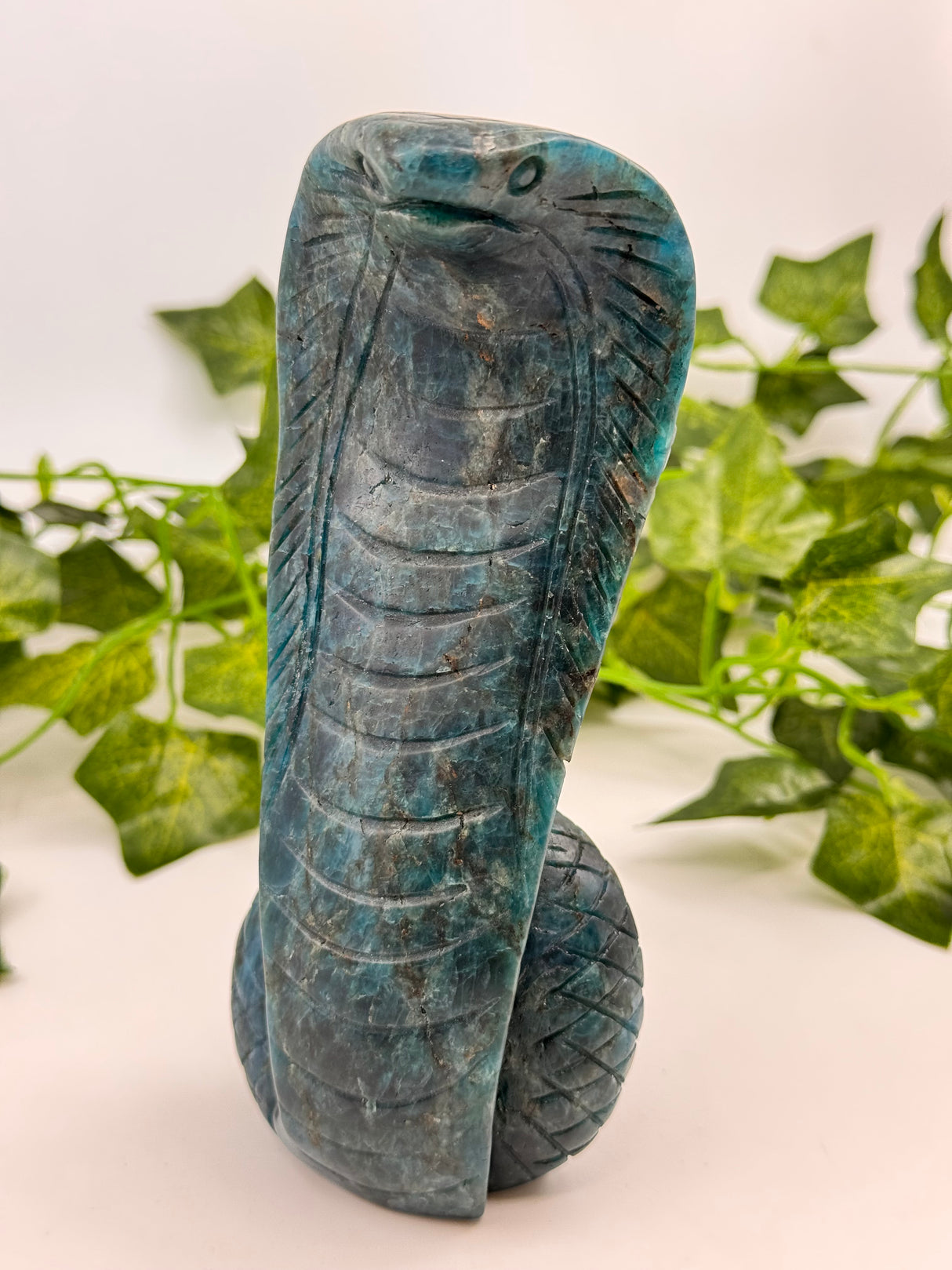 Blue Apatite Snake Carving - "I work relentlessly each day to achieve my goals."