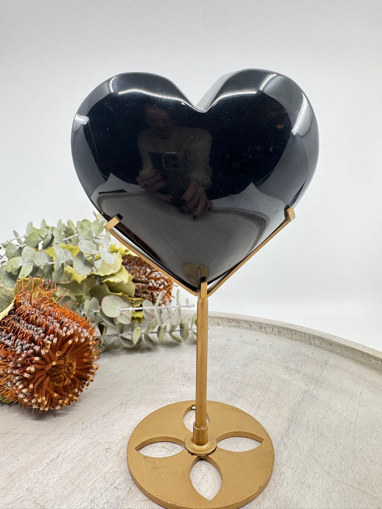 Black Obsidian Heart on Gold Stand 574g (12x10cm) – Stone of Protection, Strength & Transformation