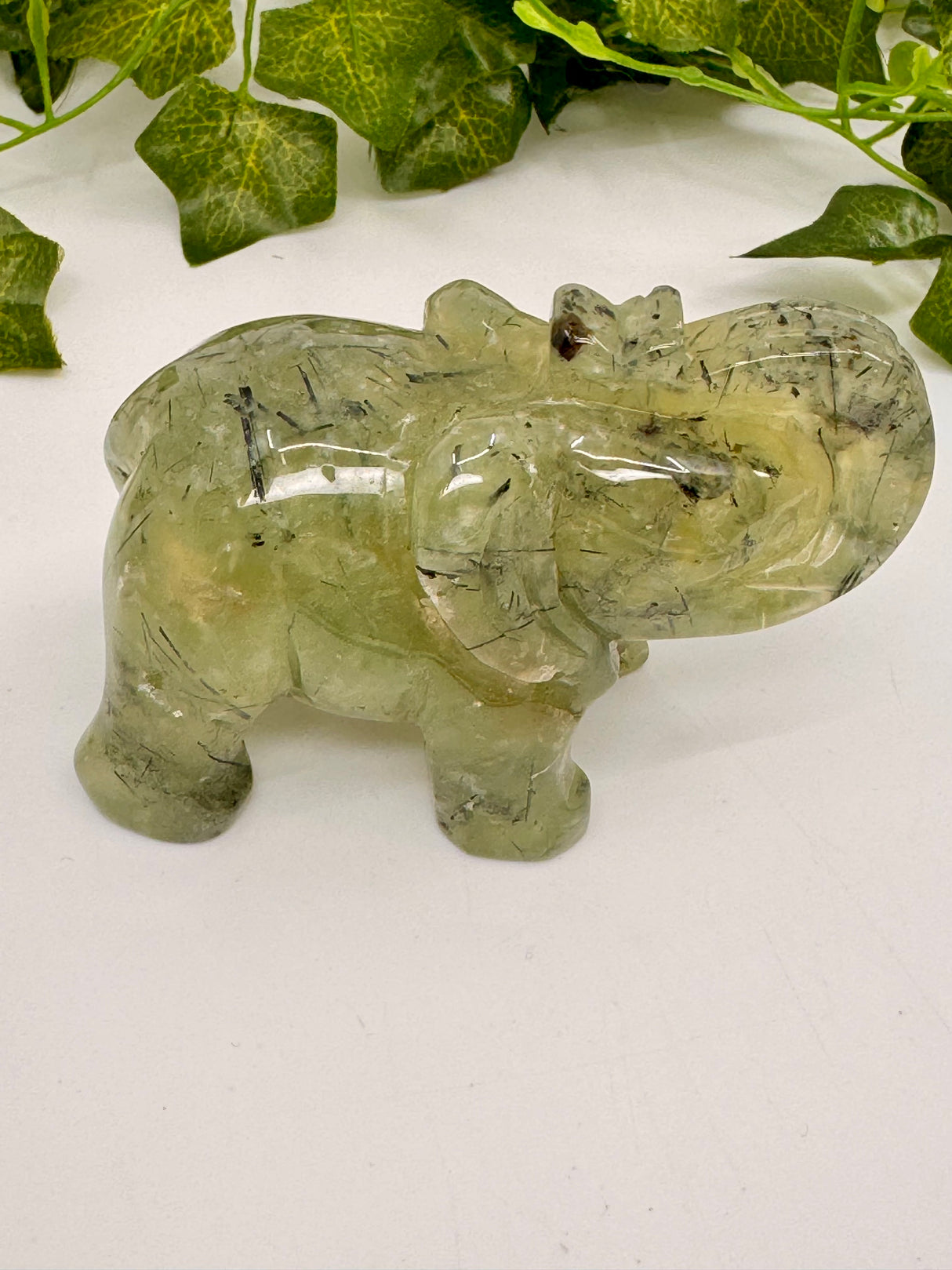 Prehnite with Epidote Elephant Carving – Heart Wisdom, Healing & Earth-Aligned Strength