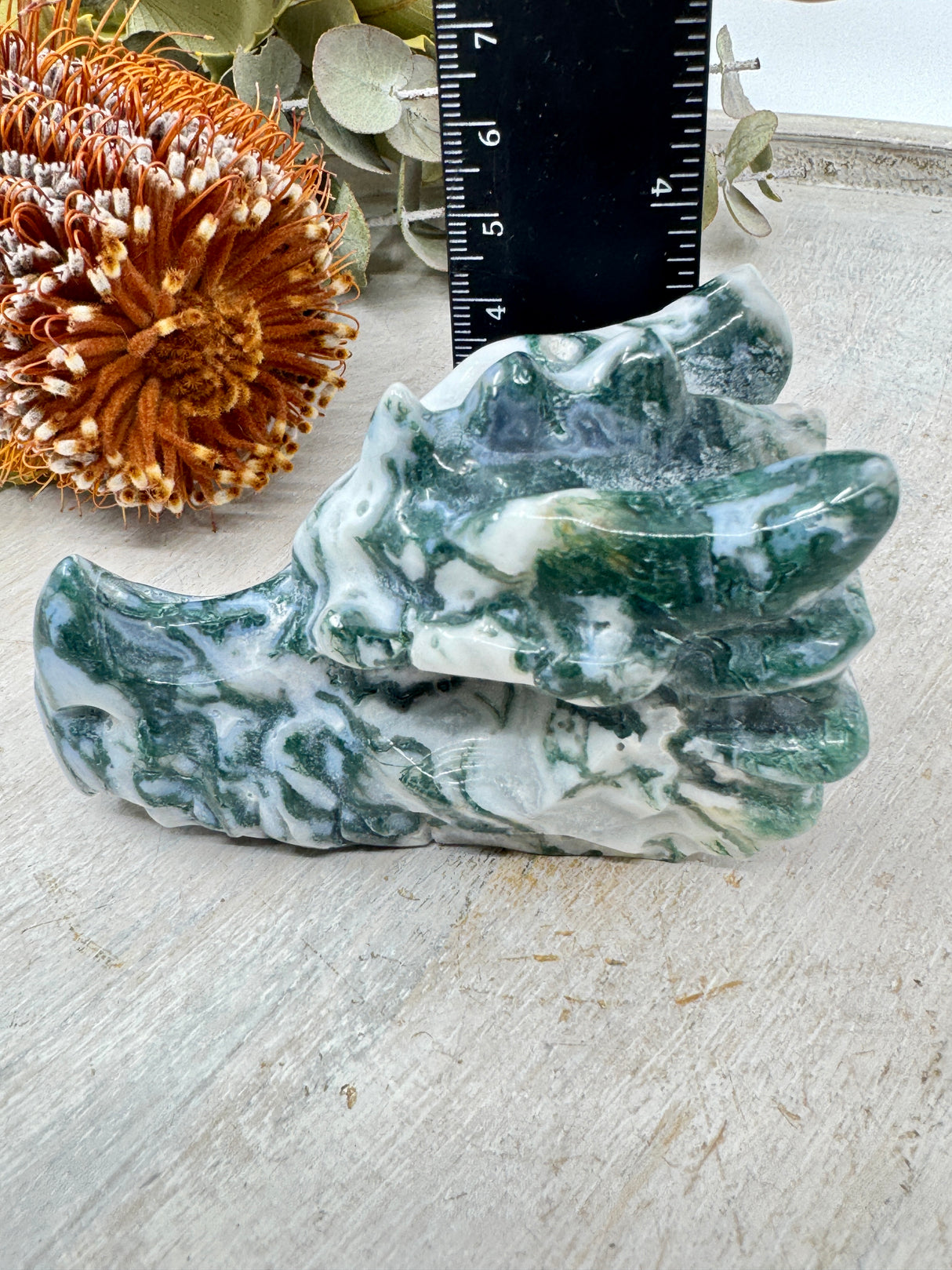 Moss Agate Dragon Head Carving 234g (9x5cm) – Stone of Growth, Protection & Ancient Wisdom