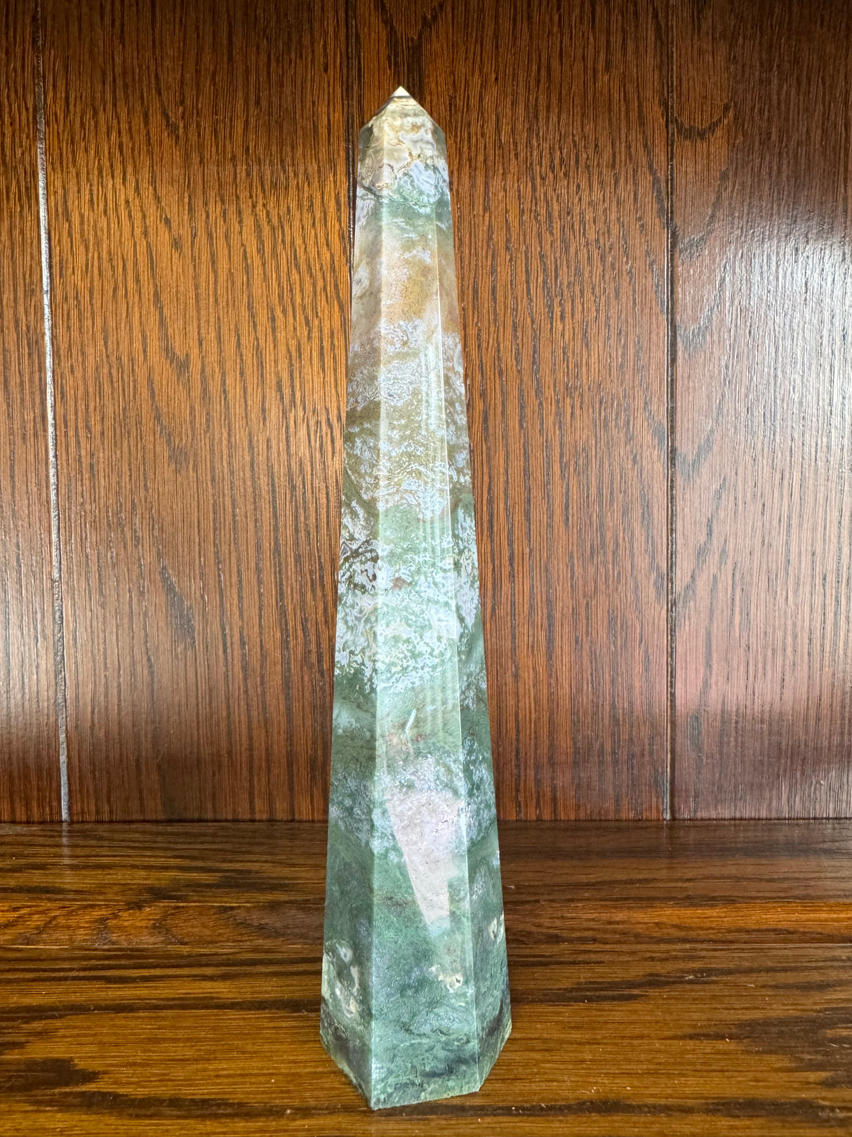 Agate Moss Tower 22cm 344g -“ I draw upon the energy of Mother Earth to heal”.