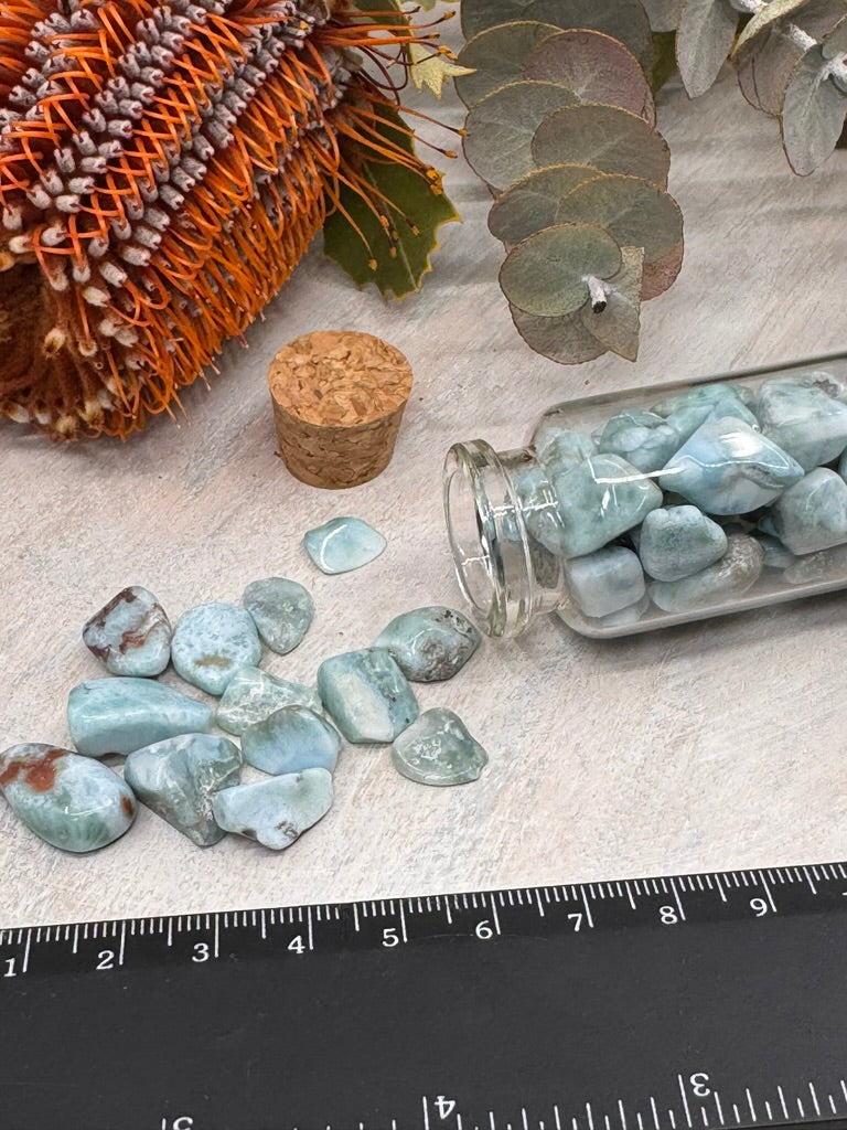 Larimar Crystal Chips in Glass Bottle – Stone of Serenity, Communication & Divine Feminine Energy