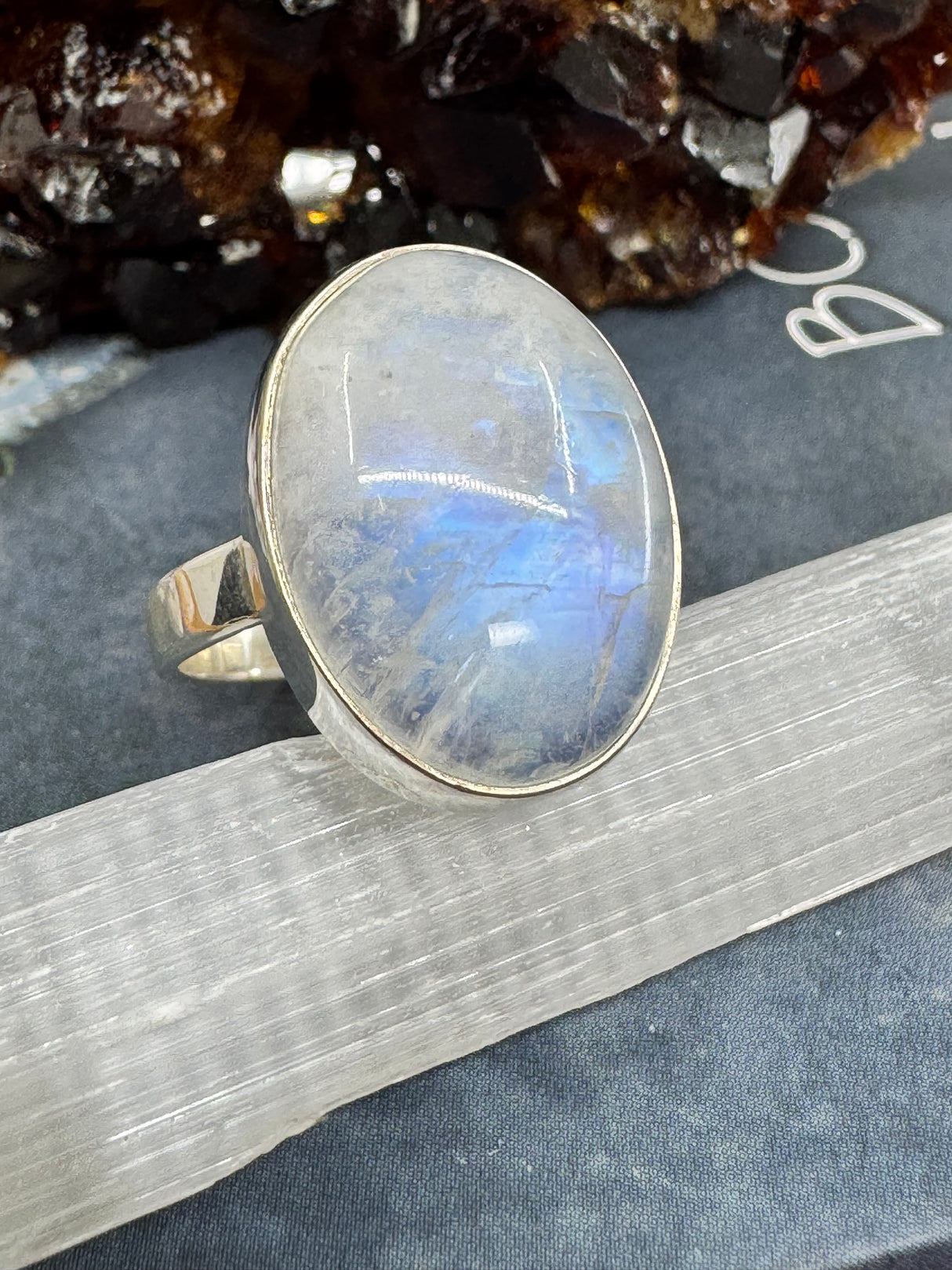 Rainbow Moonstone Silver Ring Size 9 - “My mind is open to new possibilities and opportunities”.