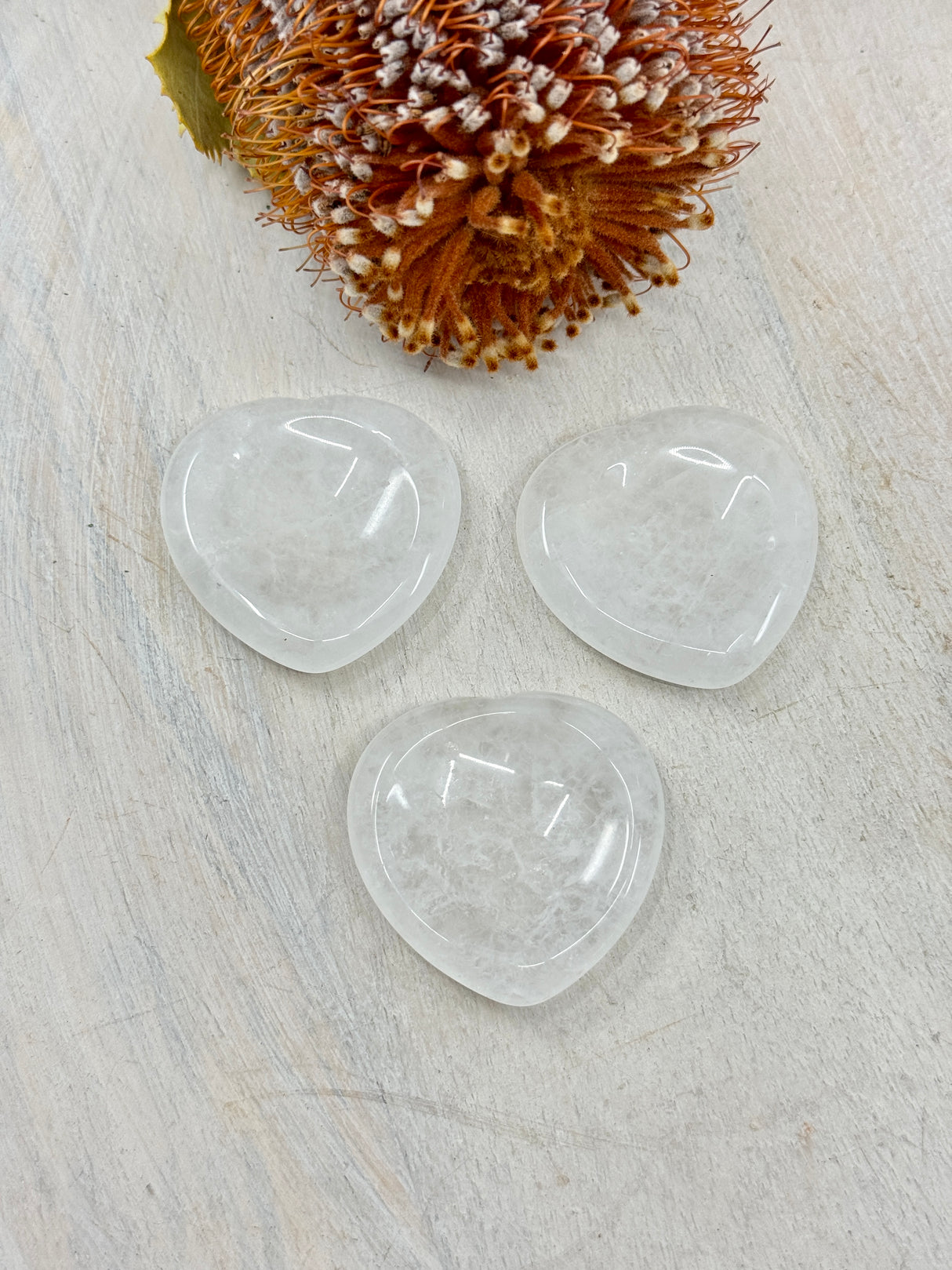 Clear Quartz heart worry stone 4x4cm with thumb indent – one piece – clear crystal for clarity, balance and amplified healing energy – Inspired By 3 Crystals Australia.