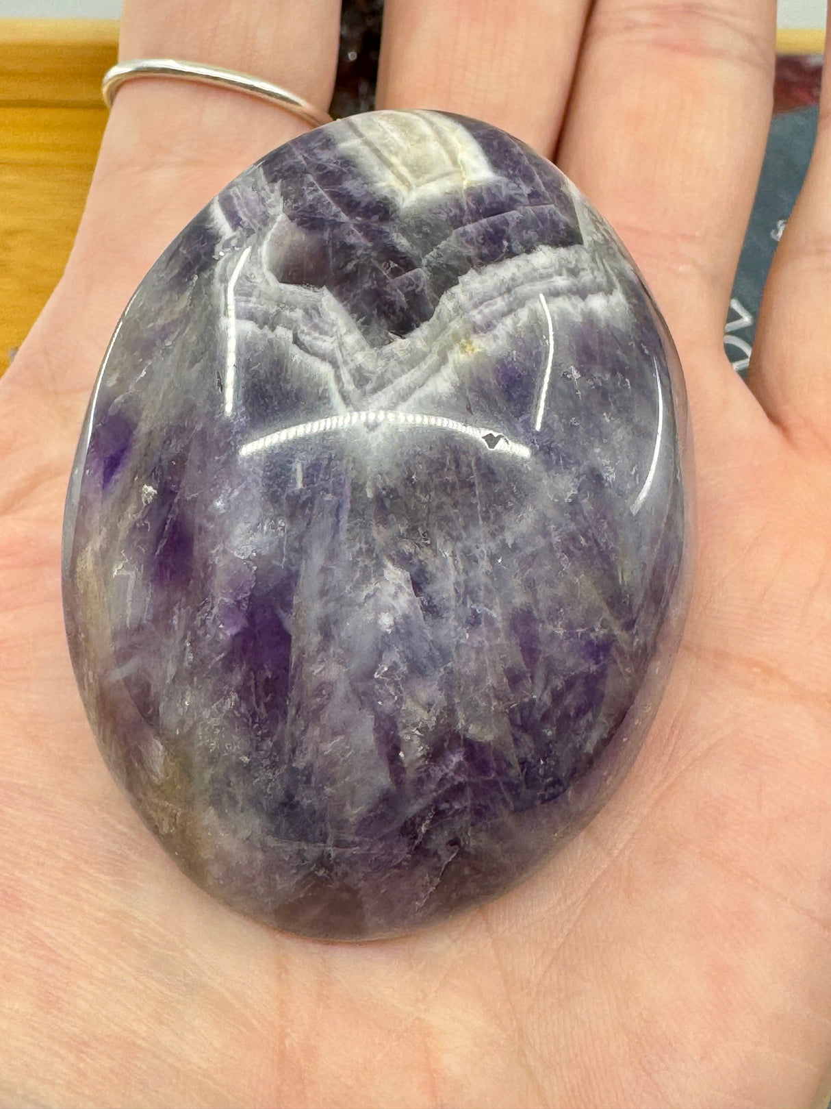 Chevron Amethyst Palmstone - "I am ready to embark on my spiritual journey”.