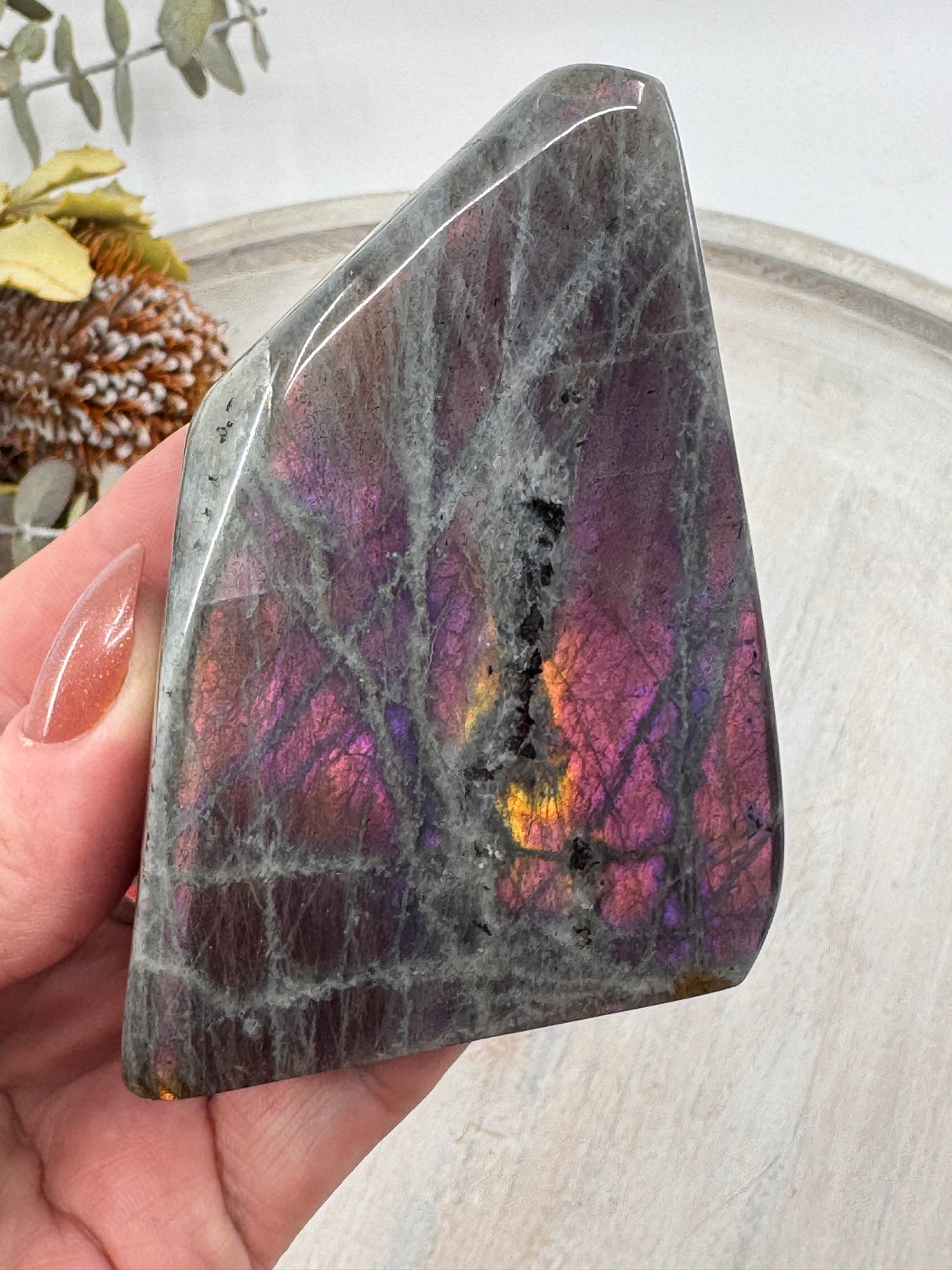 Labradorite freeform 236g with purple, pink and yellow flashes