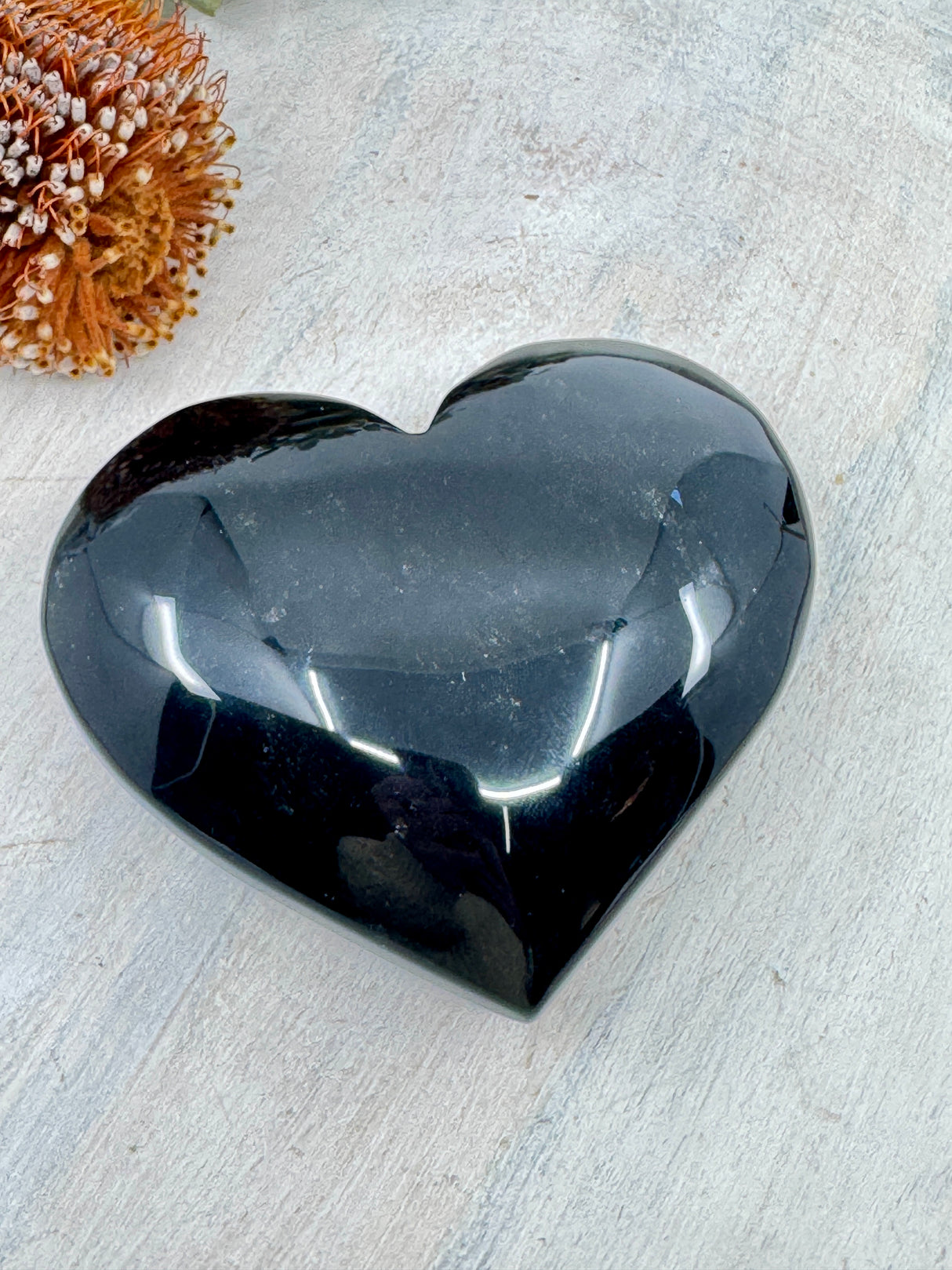 Black Obsidian Heart on Gold Stand 550g (12x10cm) – Stone of Strength, Grounding & Protection