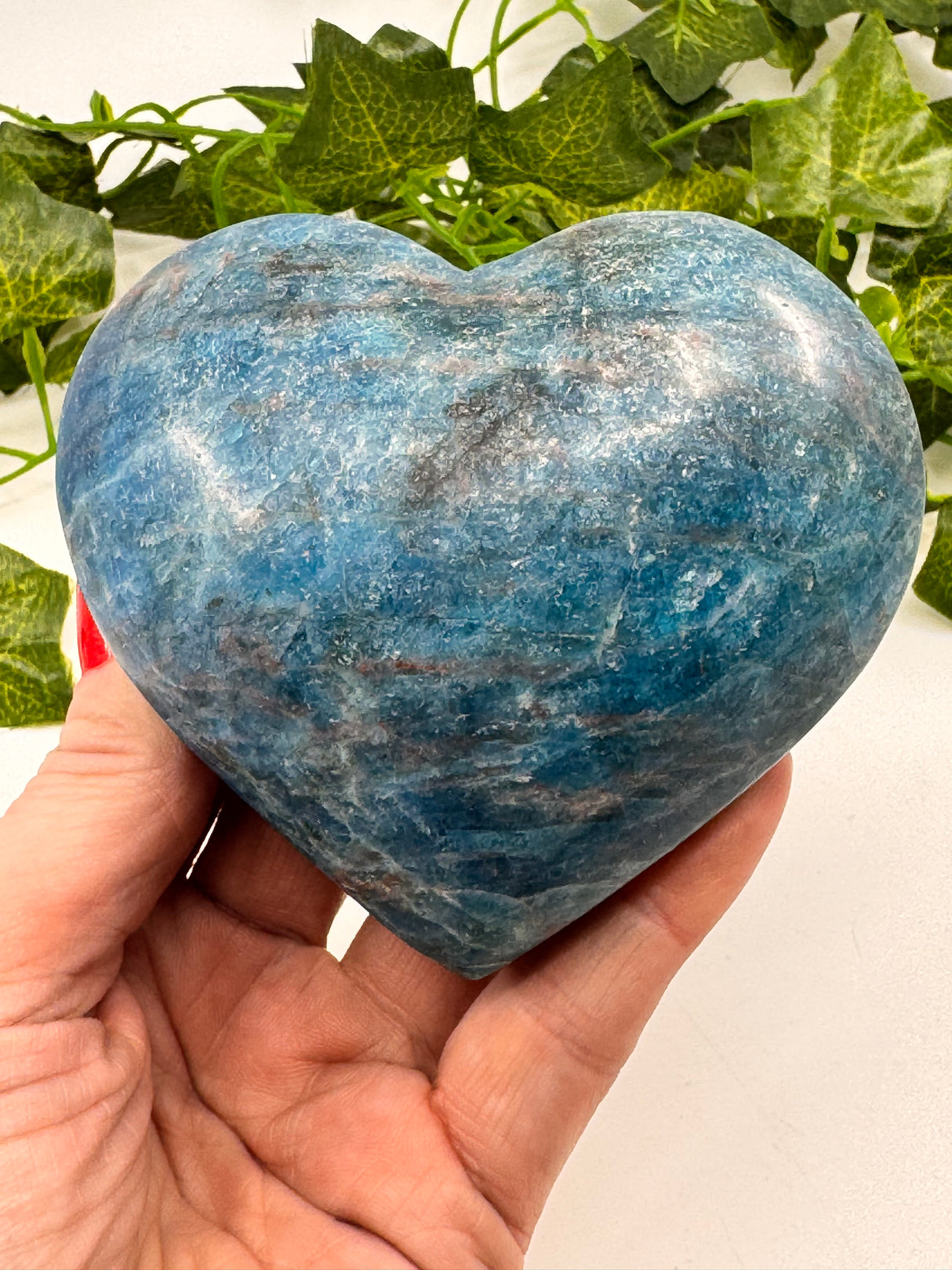 Apatite Blue Heart Carving 510g - "I work relentlessly each day to achieve my goals."
