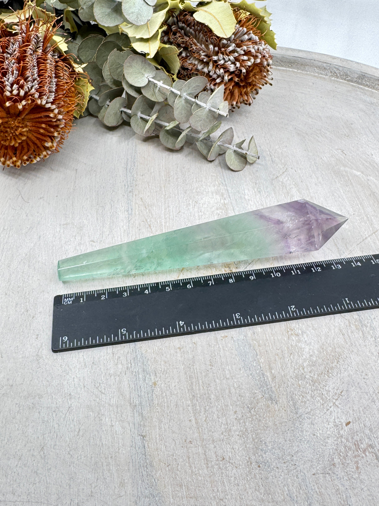 Rainbow Fluorite Wand #6 – 133g (14.5x2.9cm) – Stone of Mental Clarity, Calm & Energy Alignment