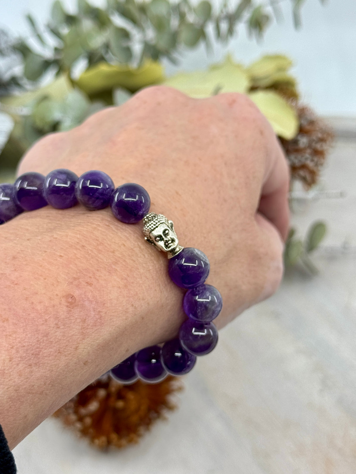 Amethyst Stretch Bracelet with Buddha Charm 10mm Beads – Stone of Calm, Intuition & Spiritual Protection