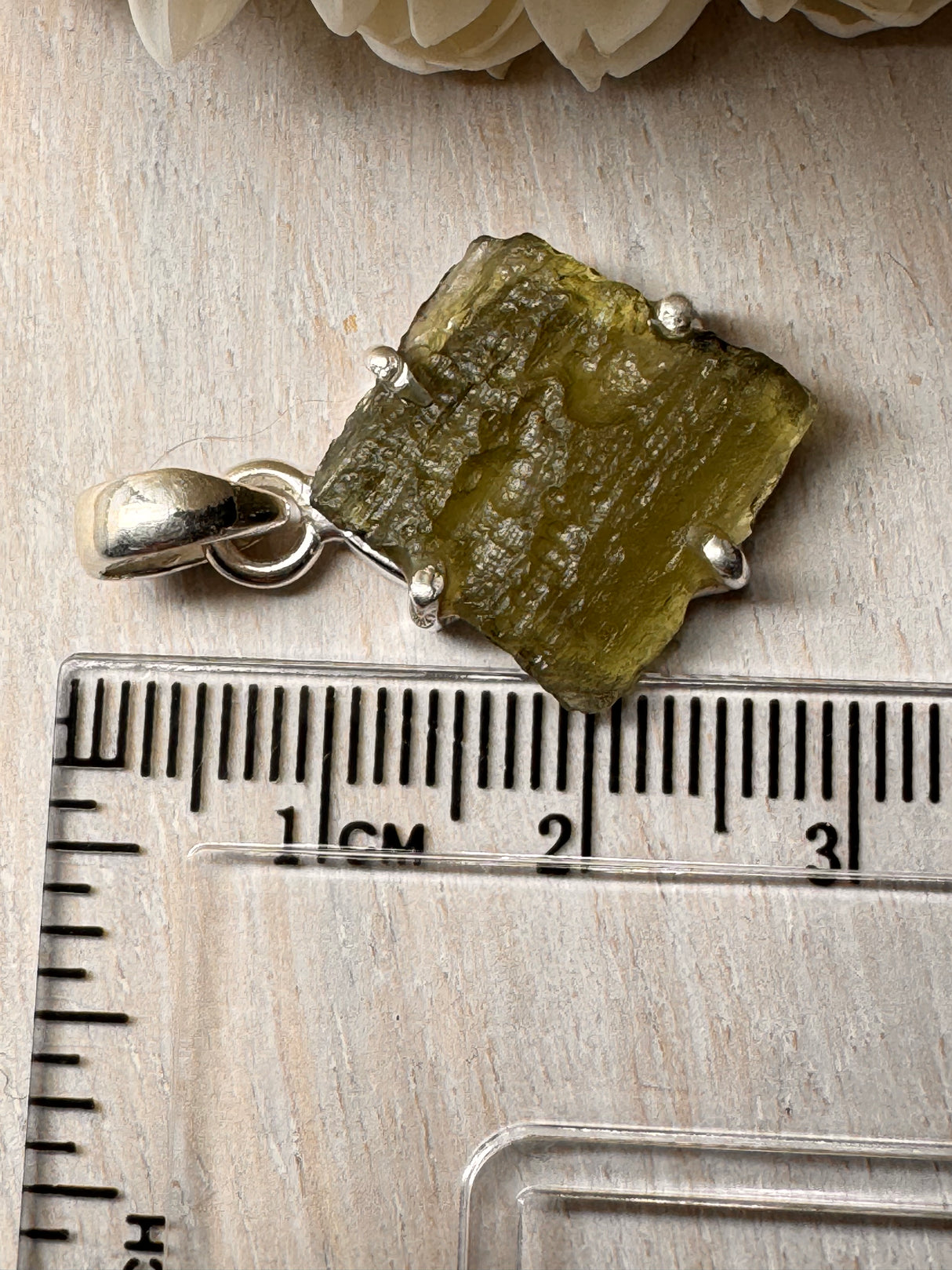 Moldavite silver pendant 2.6g with ruler for size reference, includes a .925 silver chain and gift wrapping