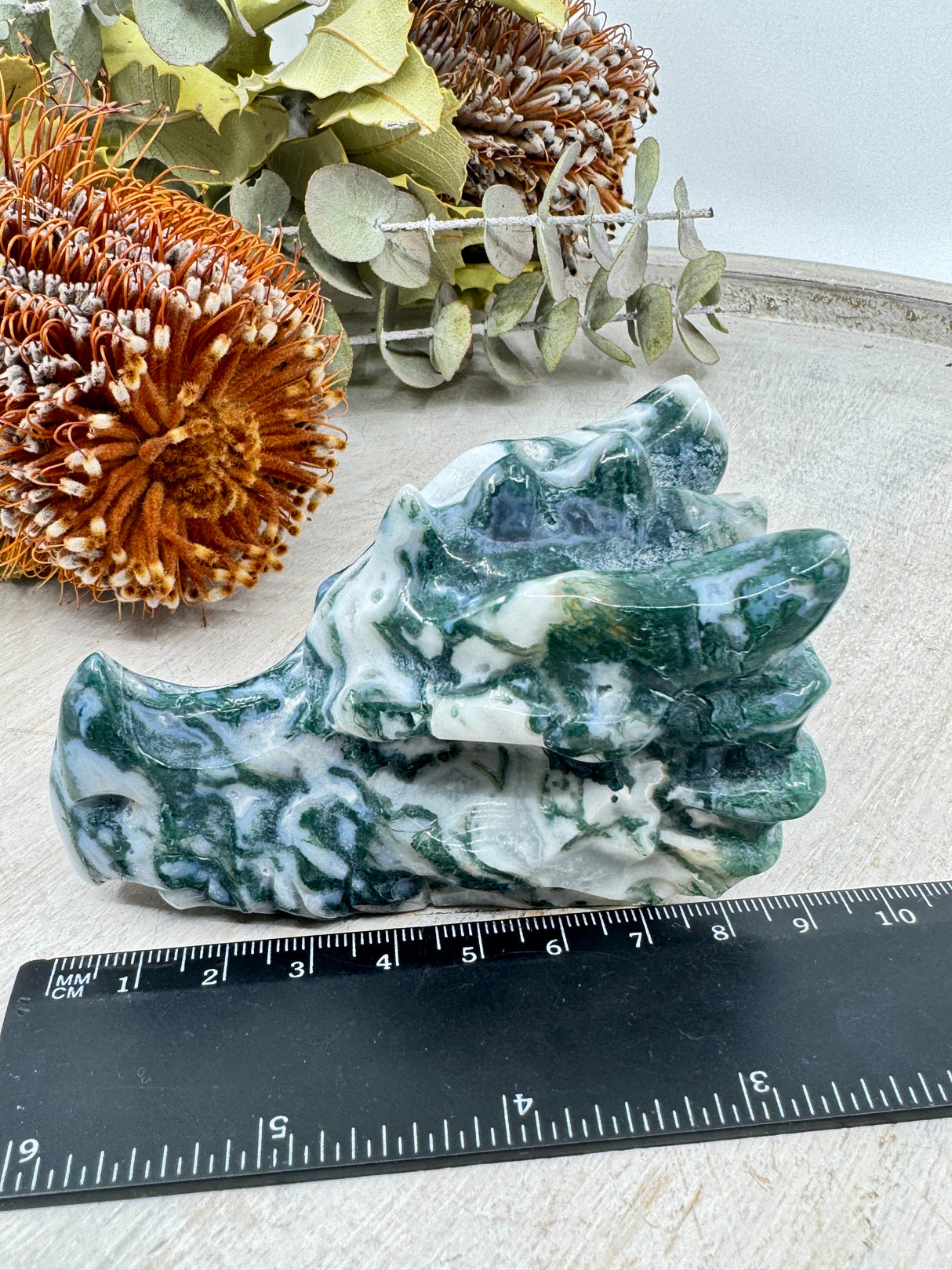 Moss Agate Dragon Head Carving 234g (9x5cm) – Stone of Growth, Protection & Ancient Wisdom
