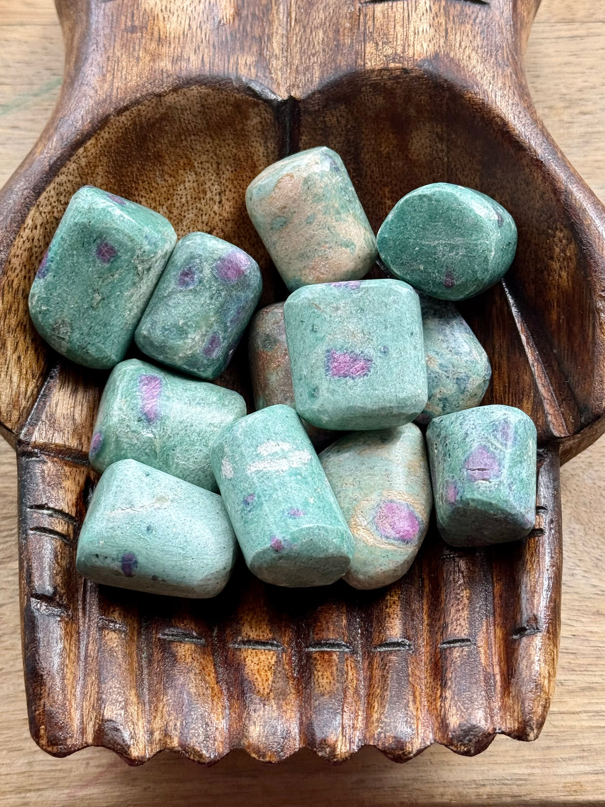 Ruby Fuchsite tumbled stone with pink and green tones — crystal of courage, love, and emotional healing.