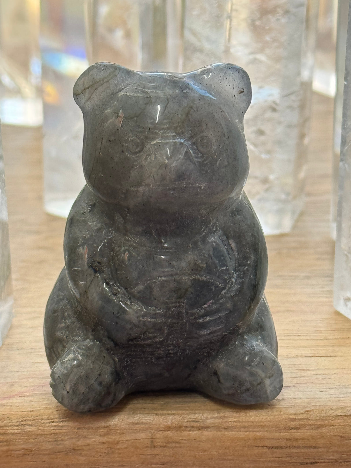 Labradorite Teddy Bear Carving 5 cm × 3 cm – iridescent blue-green crystal bear hand-carved for protection and magic, Inspired By 3 Australia.
