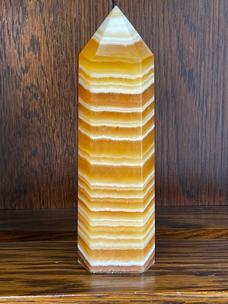 Banded Orange Calcite Tower #8 463g - "My mind is filled with new, creative ideas."