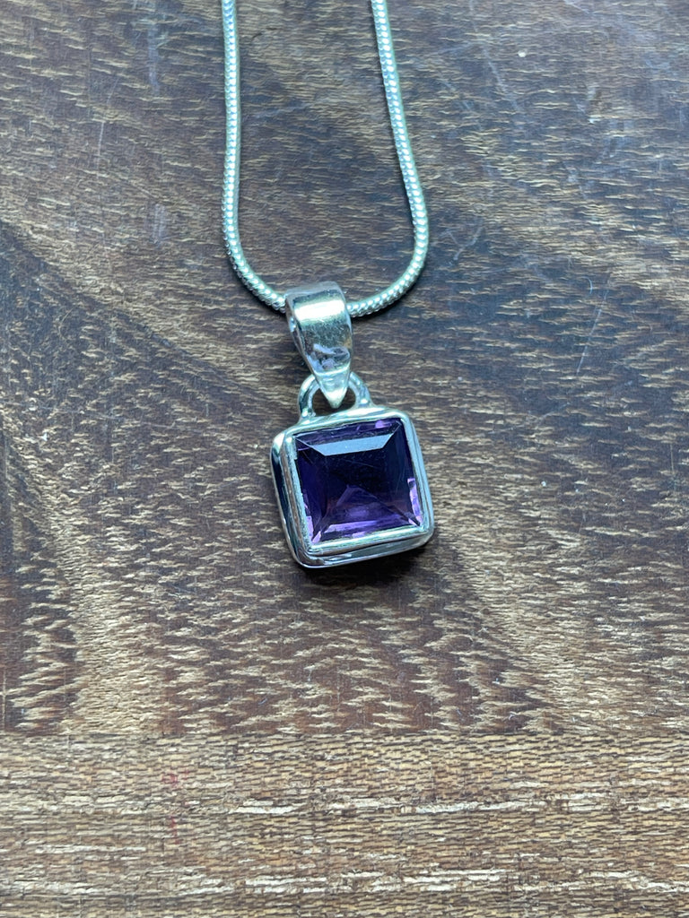 Amethyst Square Petite Silver Pendant & Chain- Intuition. Protection.