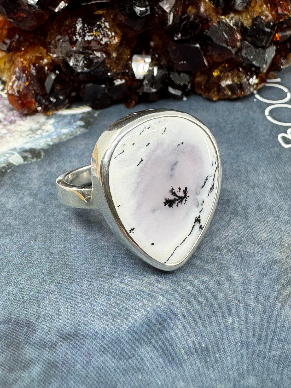 Dendritic Agate Silver Ring Size 9 - Earth Healer - Protection