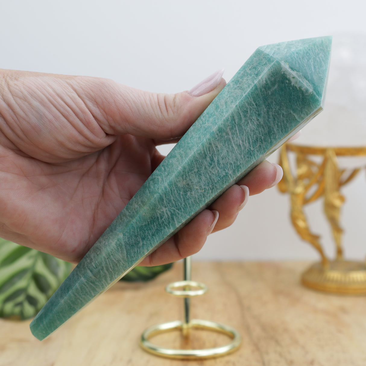 Amazonite Wand on Gold Stand – 225g | 17.5cm x 4cm