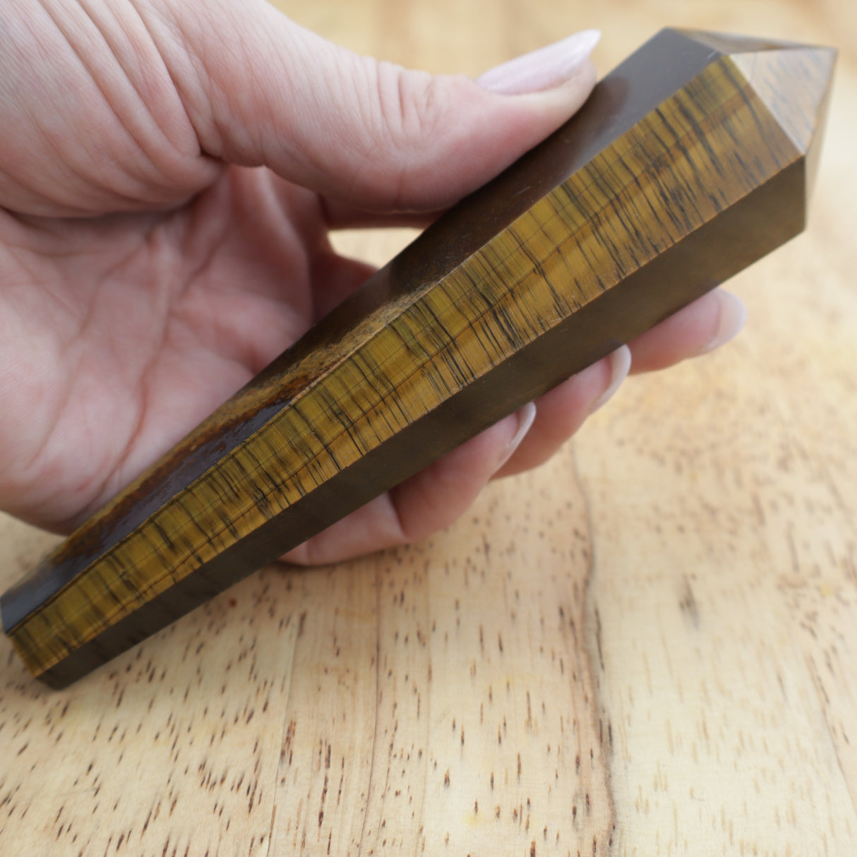 Tiger Eye Wand on Gold Stand – Courage & Protection