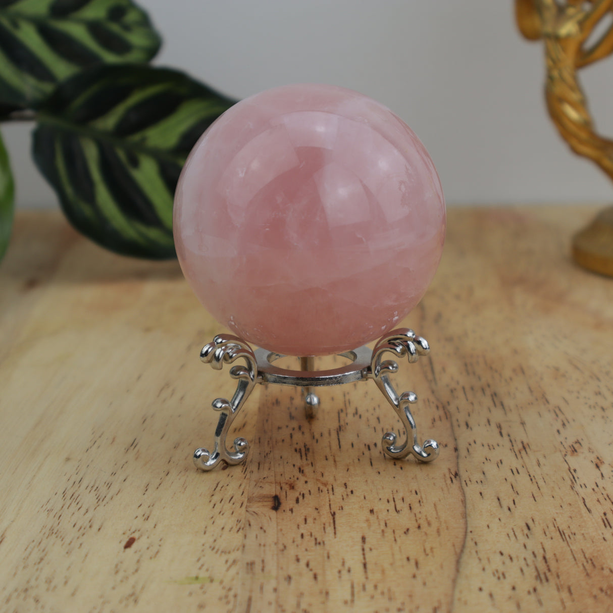Rose Quartz sphere on decorative stand, soft pink polished crystal, 316g