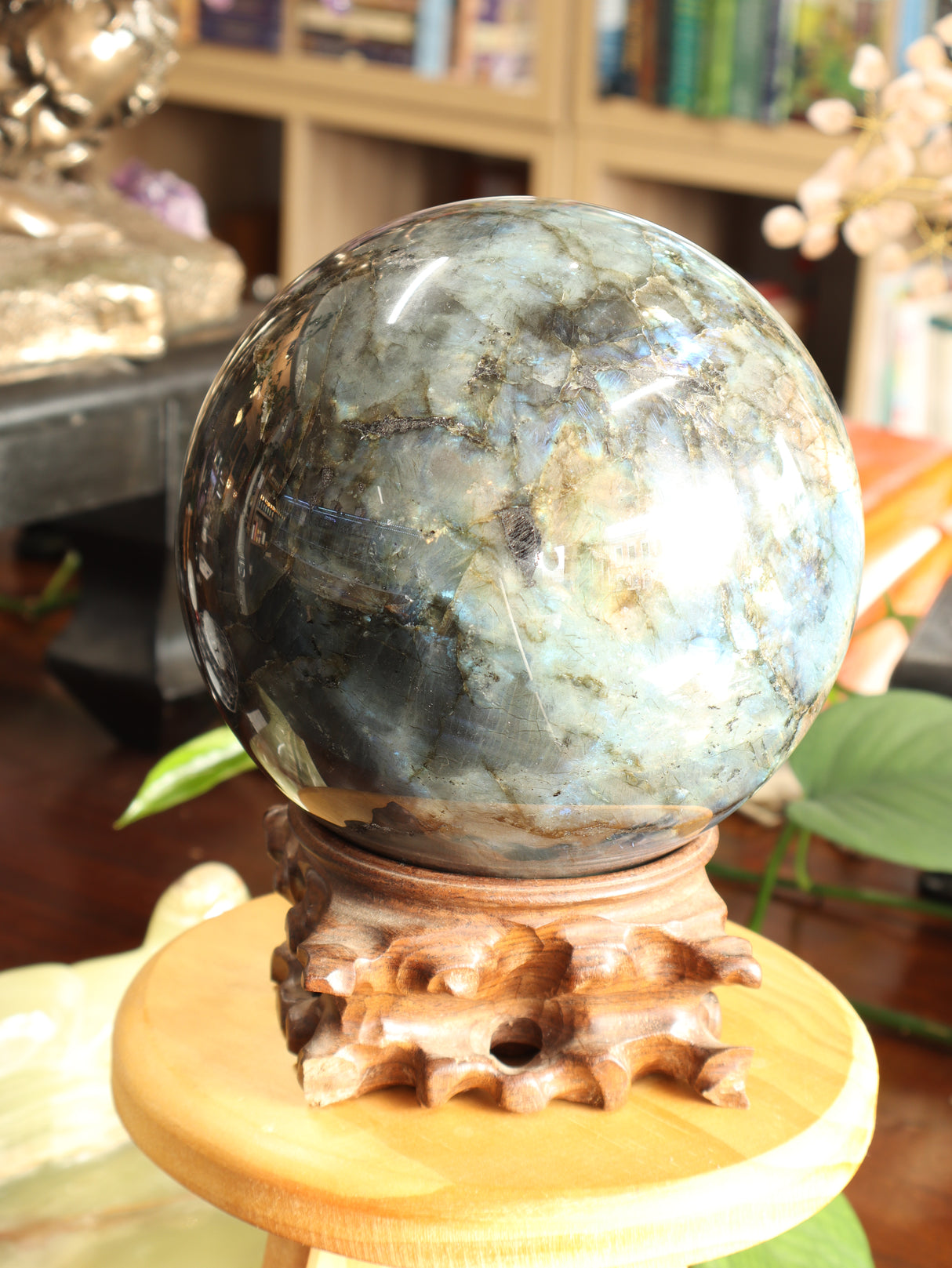 The Enchanted Realm – Magnificent 5.45kg Labradorite Sphere with Hand-Carved Wooden Stand