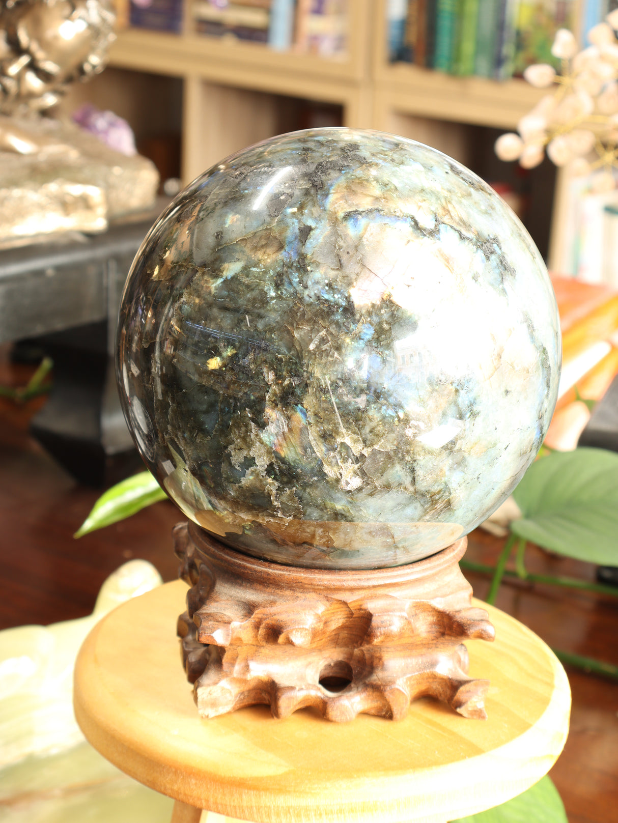 The Enchanted Realm – Magnificent 5.45kg Labradorite Sphere with Hand-Carved Wooden Stand
