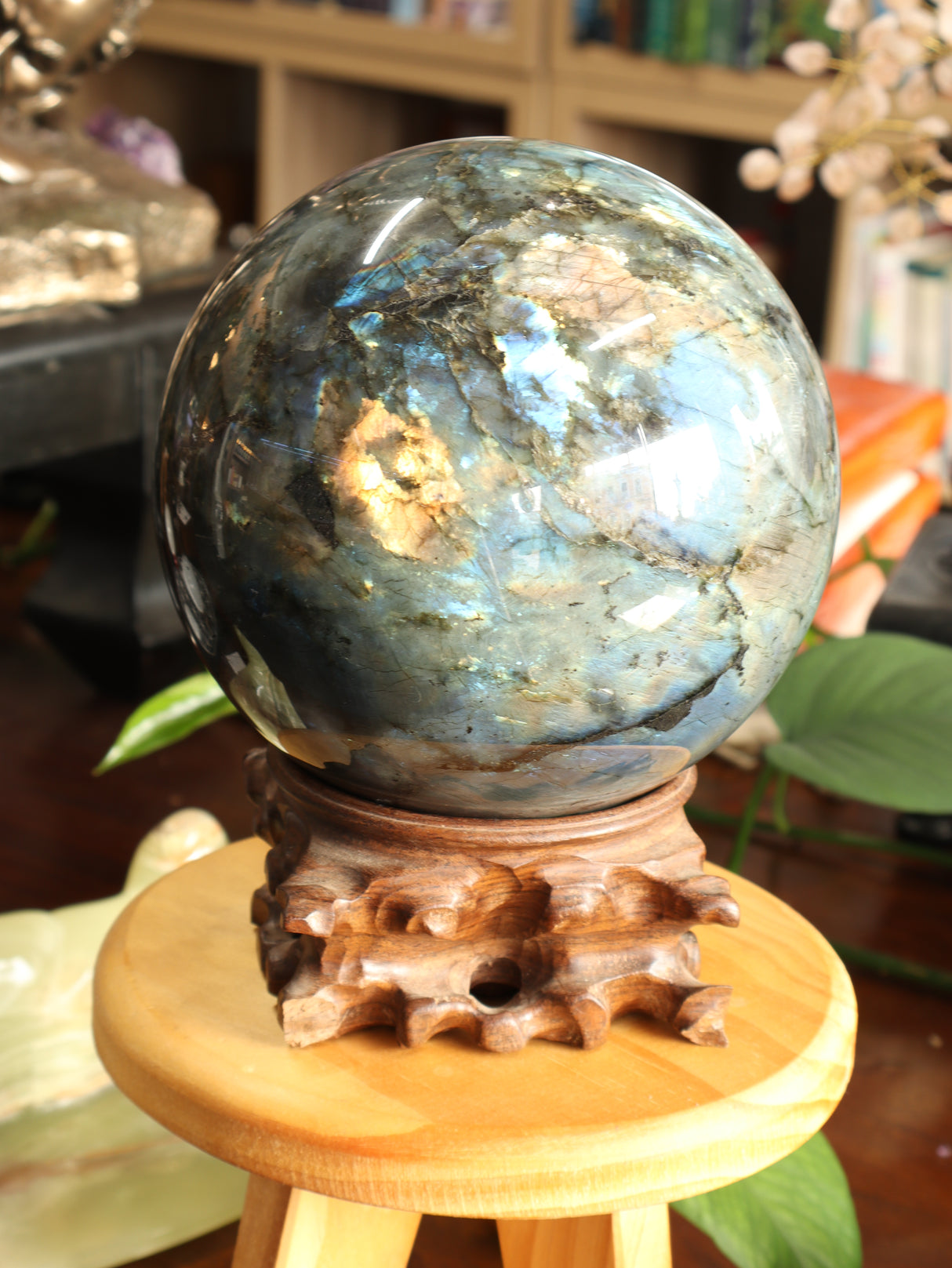 Extra large 5.45kg natural Labradorite crystal sphere with brilliant blue and golden flash on carved wooden stand – Inspired By 3 Australia