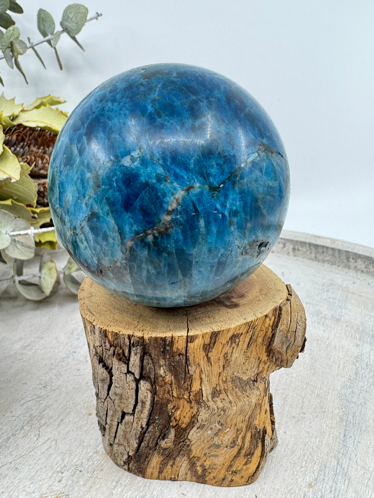 Blue Apatite sphere 325g 6cm – vibrant blue crystal for clarity, manifestation and communication – Inspired By 3 Crystals Australia.