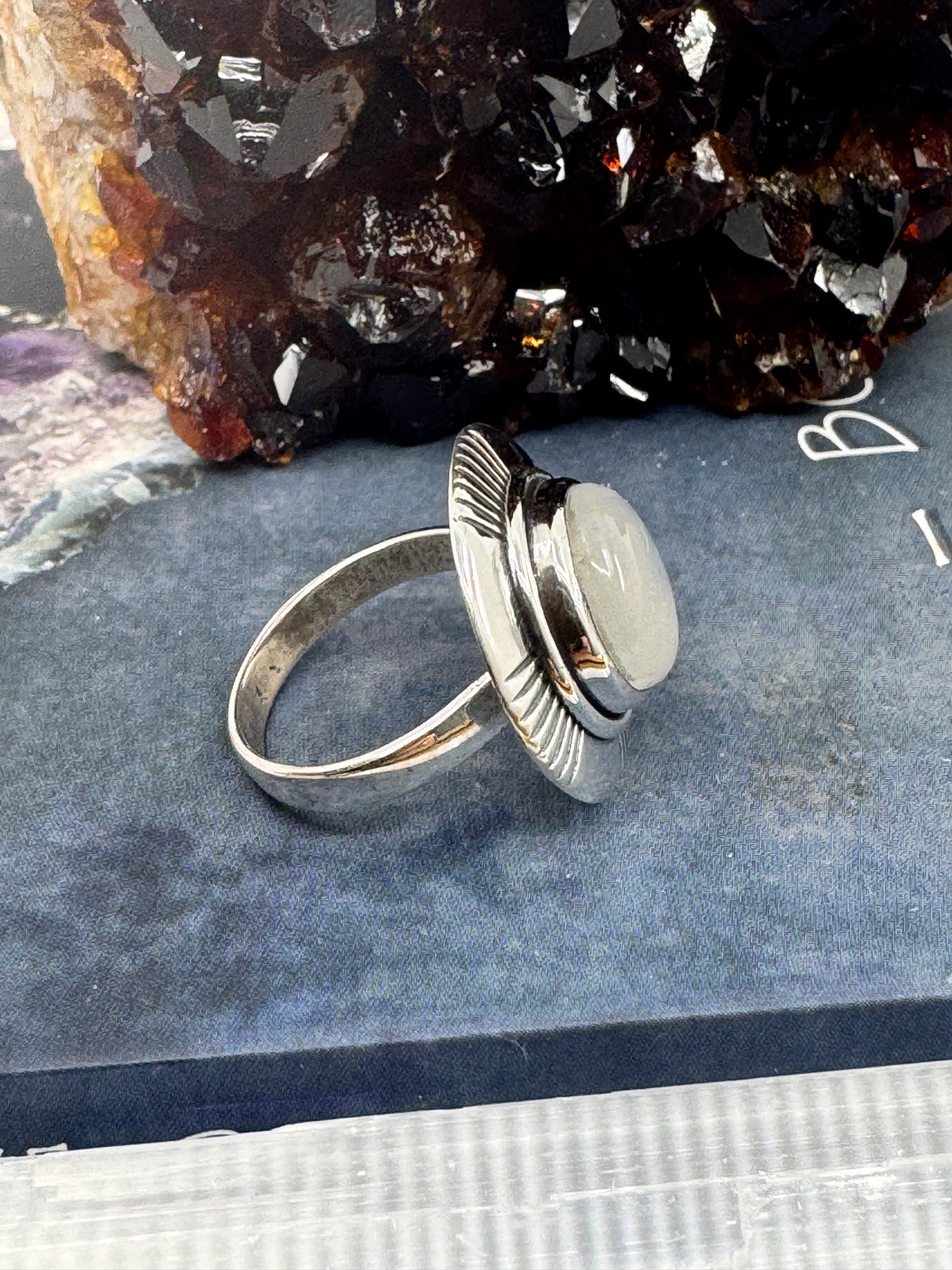 Rainbow Moonstone Silver Ring Size 9 - “My mind is open to new possibilities and opportunities”.