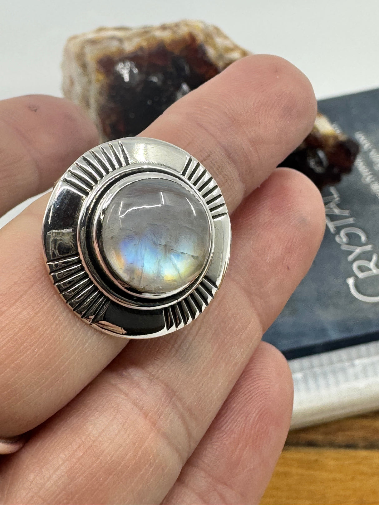 Rainbow Moonstone Silver Ring Size 9 - “My mind is open to new possibilities and opportunities”.