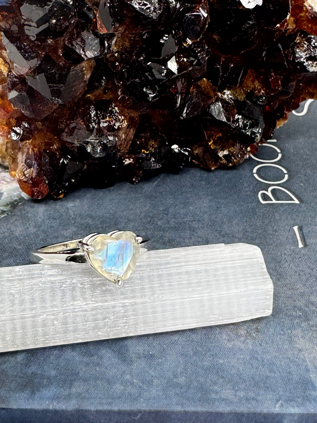 Rainbow Moonstone Heart Shaped Silver Ring Size 8