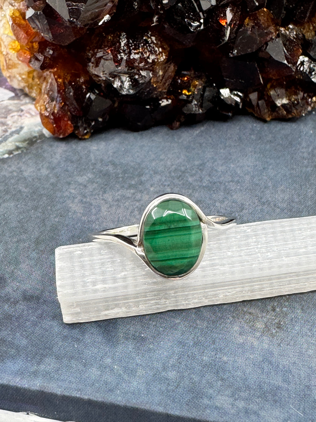 Malachite Sterling Silver Ring Size 8
