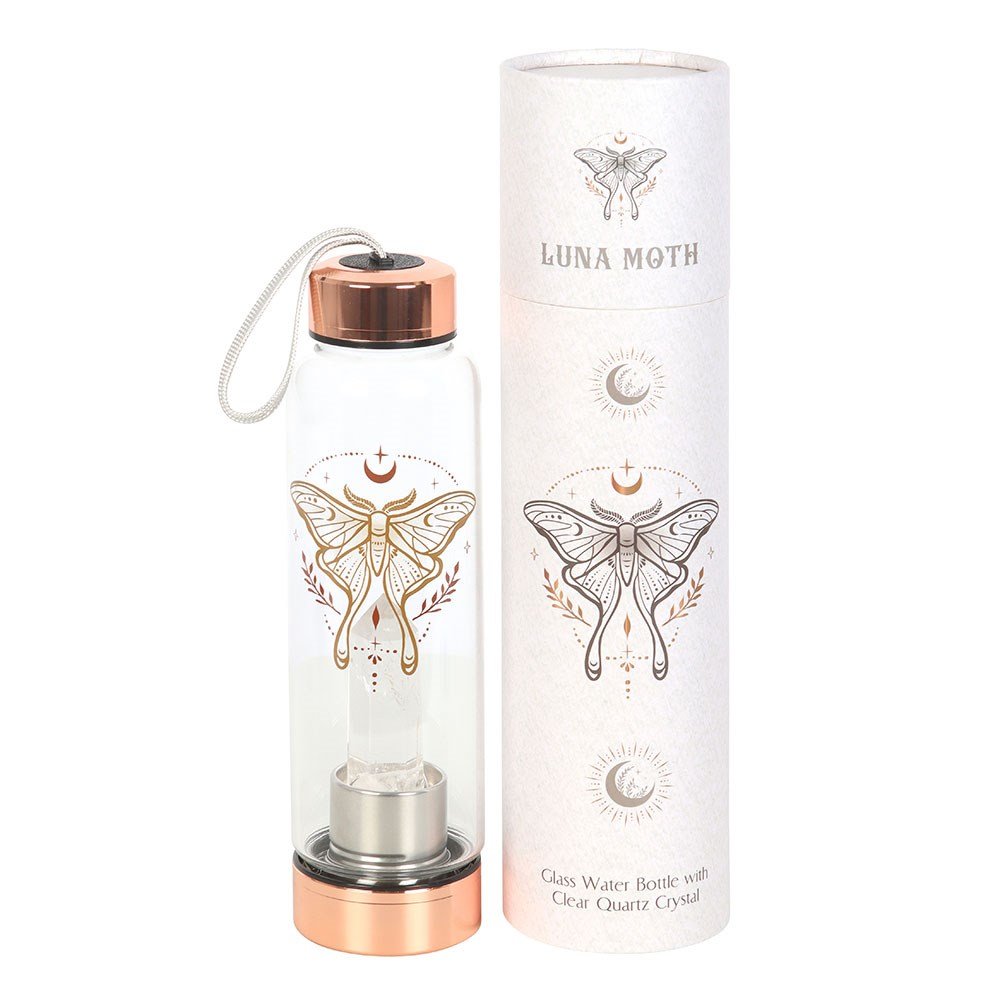 Luna Moth Glass Water Bottle with Clear Quartz Crystal – 500ml
