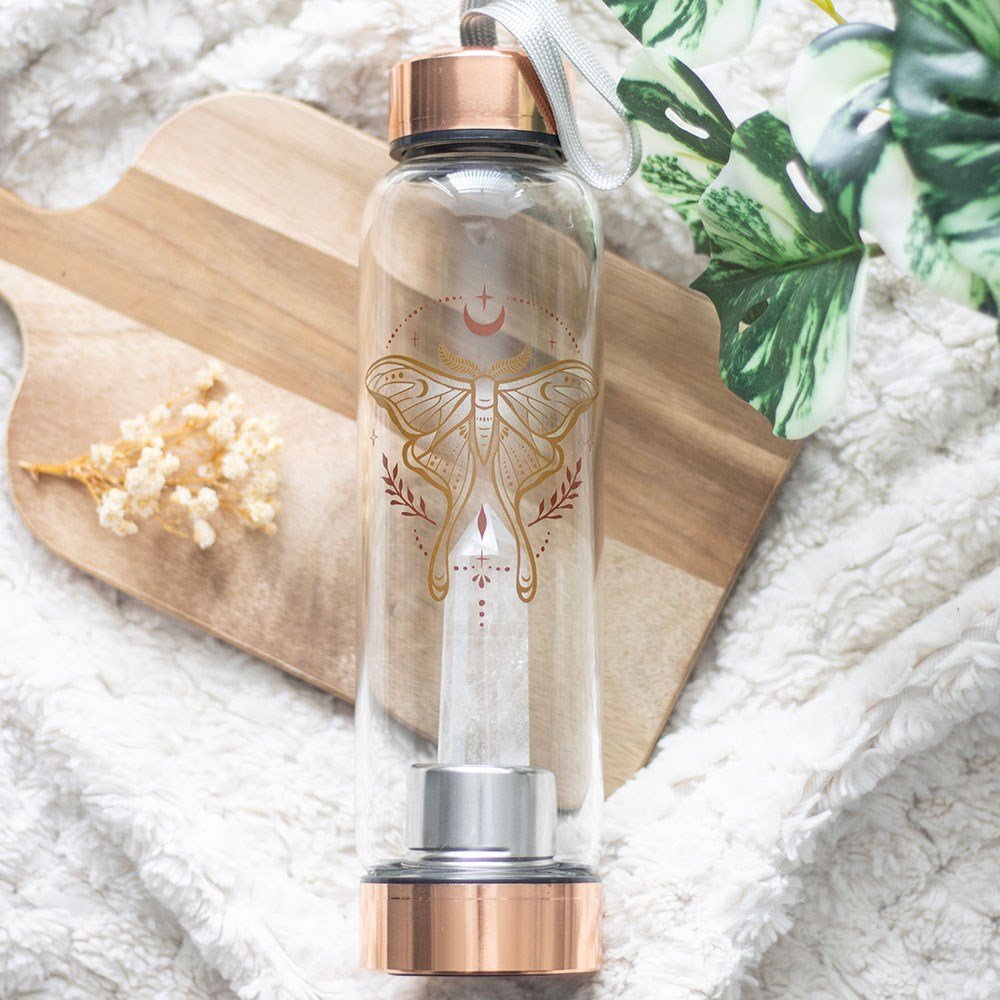 Luna Moth Glass Water Bottle with Clear Quartz Crystal – 500ml